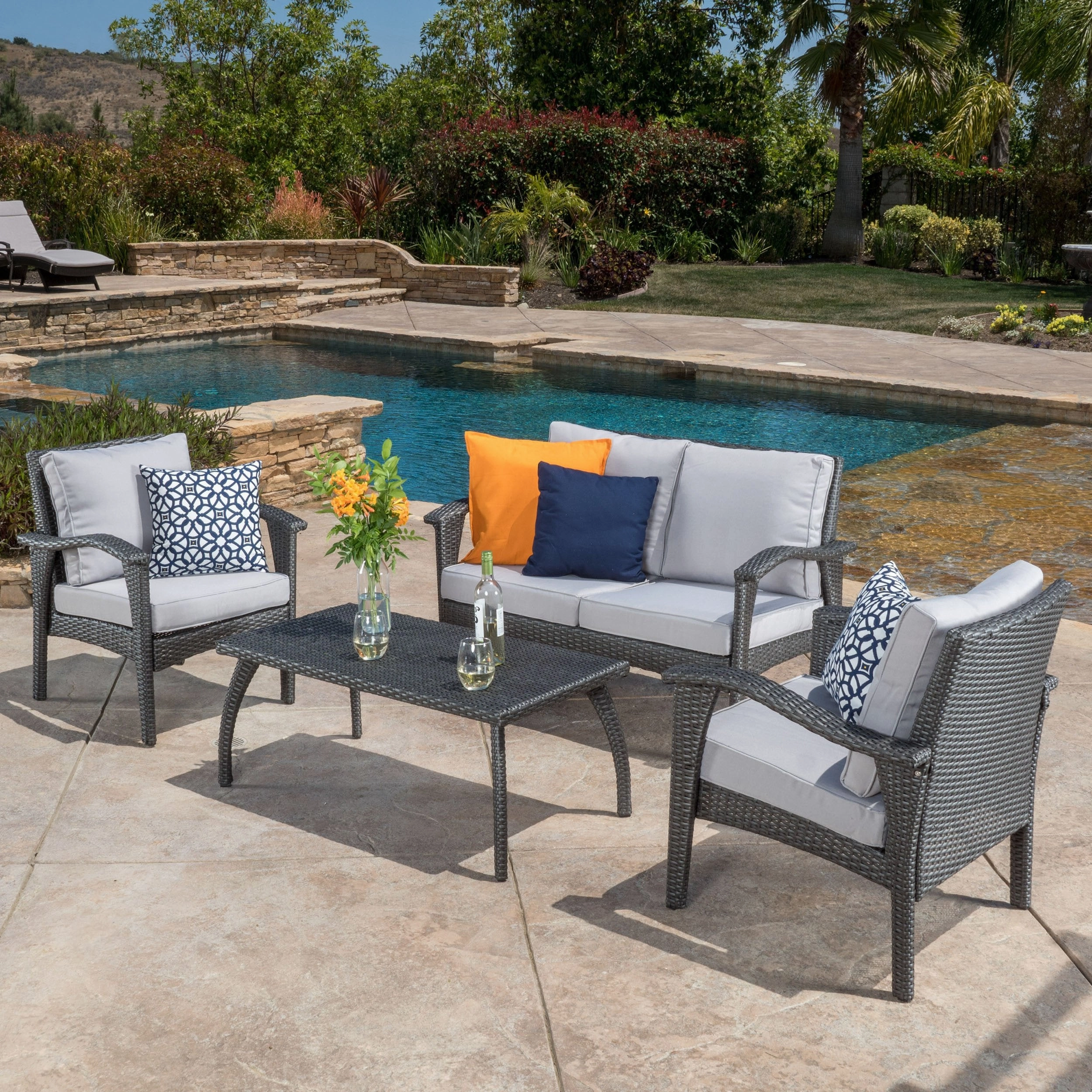 Outdoor 4 Piece Gray Wicker Chat Set with Cushions - NH687532 patio chairs, outdoor seating