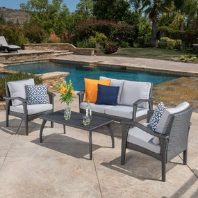Outdoor 4 Piece Gray Wicker Chat Set with Cushions - NH687532 patio chairs, outdoor seating
