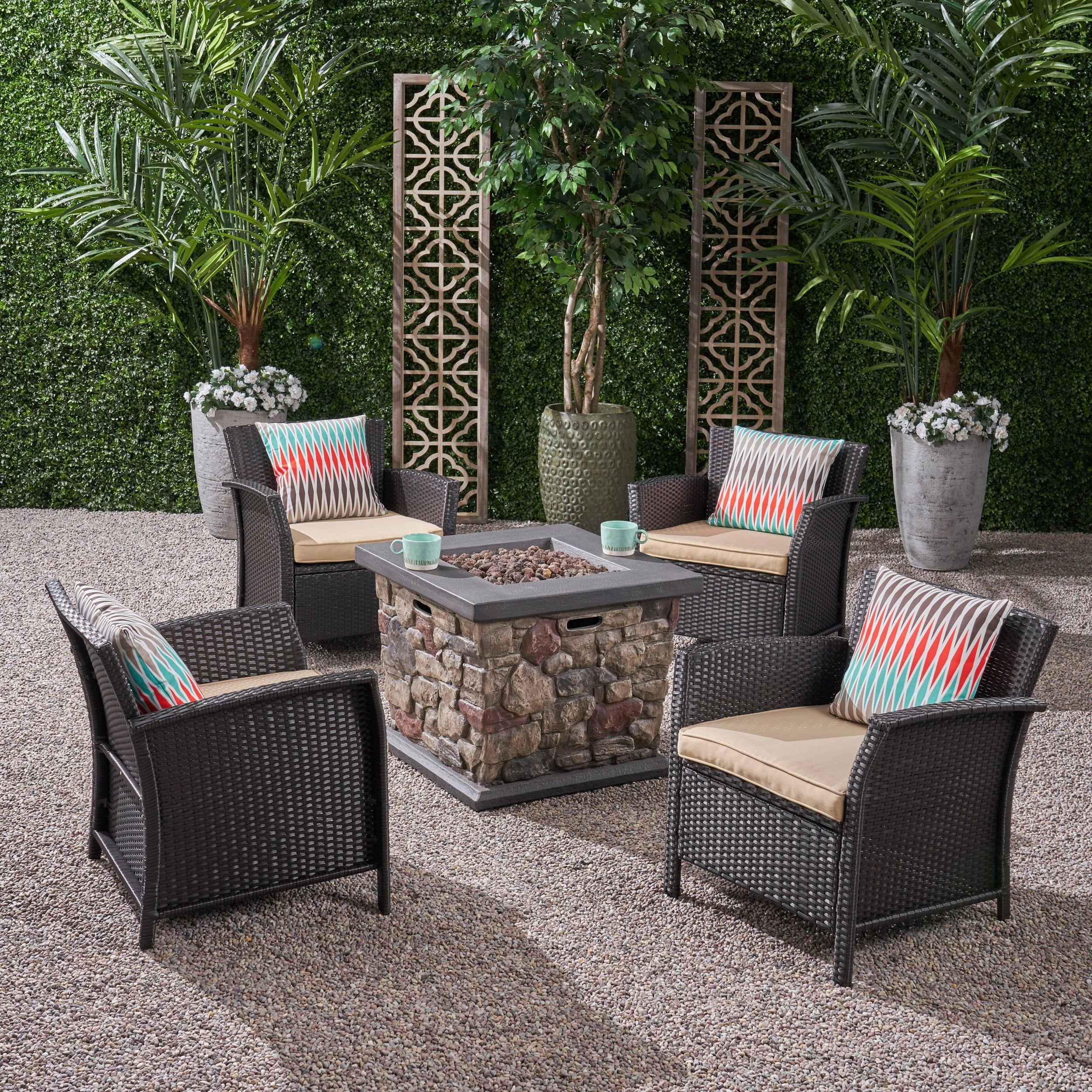 Outdoor 4 Piece Wicker Club Chair Chat Set with Stone Finished Fire Pit - NH234503 patio chairs, outdoor seating
