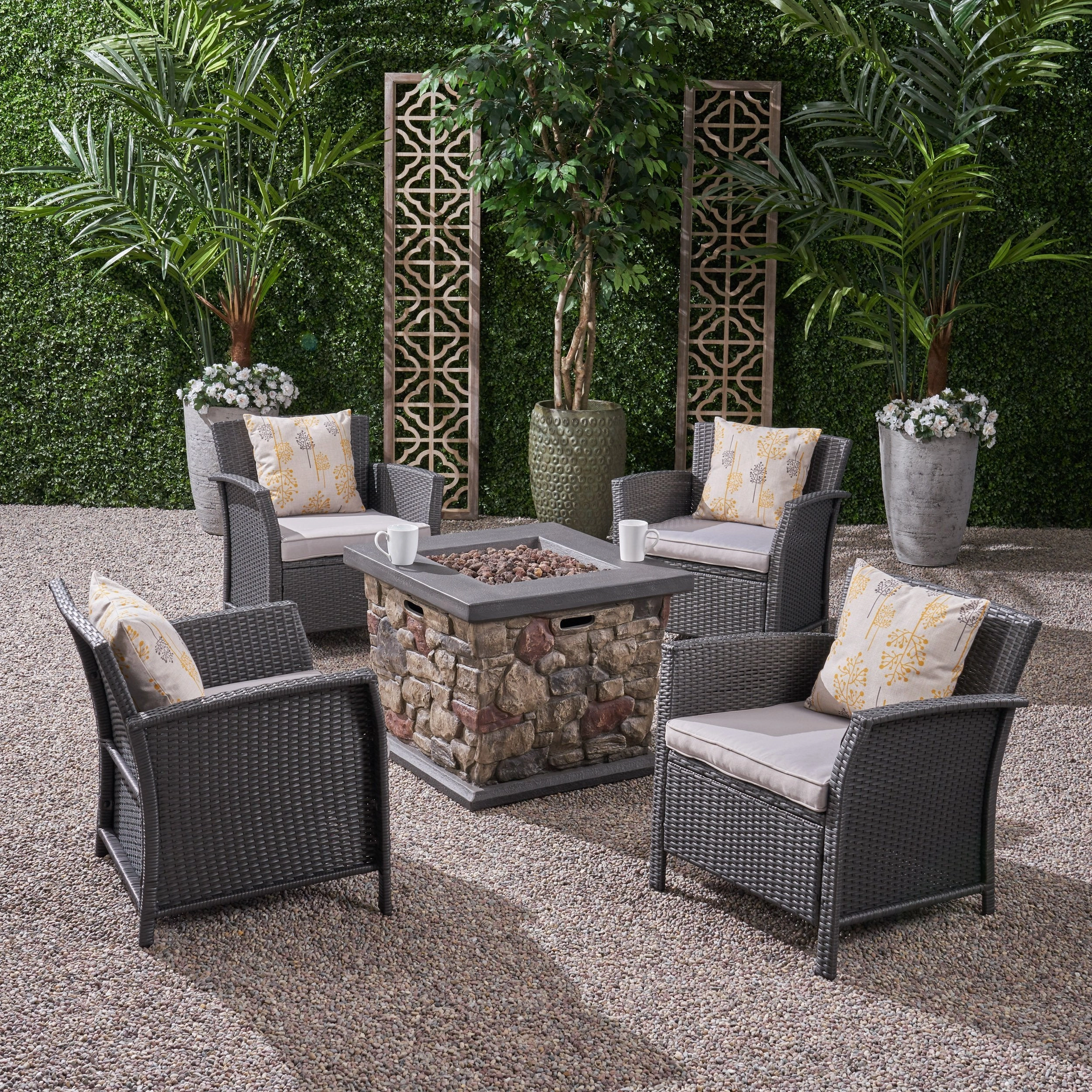 Outdoor 4 Piece Wicker Club Chair Chat Set with Stone Finished Fire Pit - NH234503
