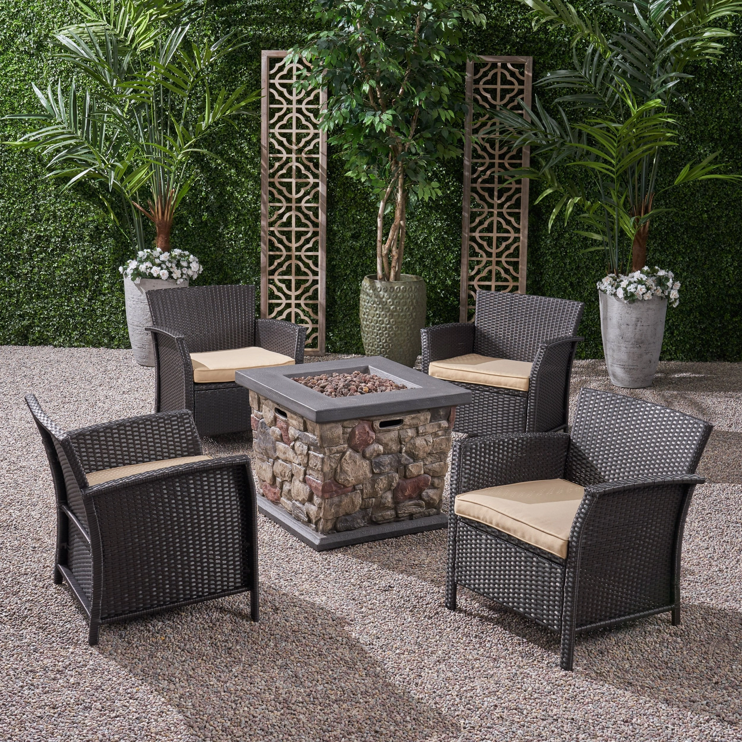 Outdoor 4 Piece Wicker Club Chair Chat Set with Stone Finished Fire Pit - NH234503