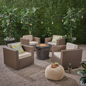 Outdoor 4 Piece Wicker Swivel Chair Set with Fire Pit, Brown and Brown - NH708703 patio chairs, outdoor seating