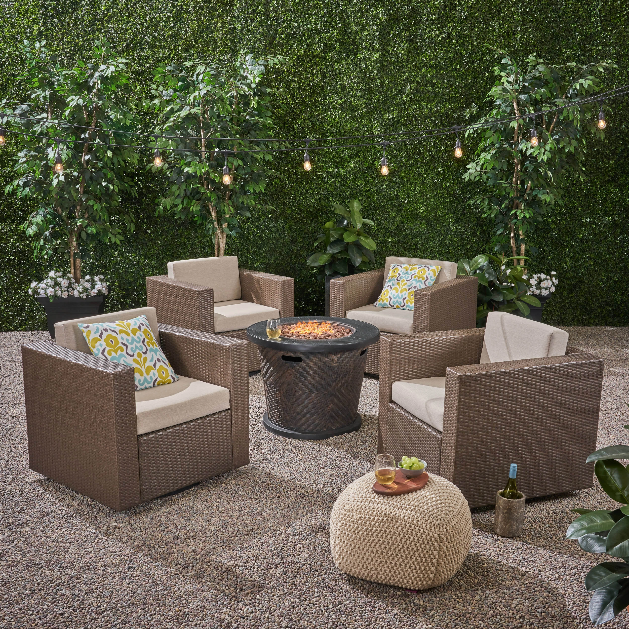 Outdoor 4 Piece Wicker Swivel Chair Set with Fire Pit, Brown and Brown - NH708703 patio chairs, outdoor seating