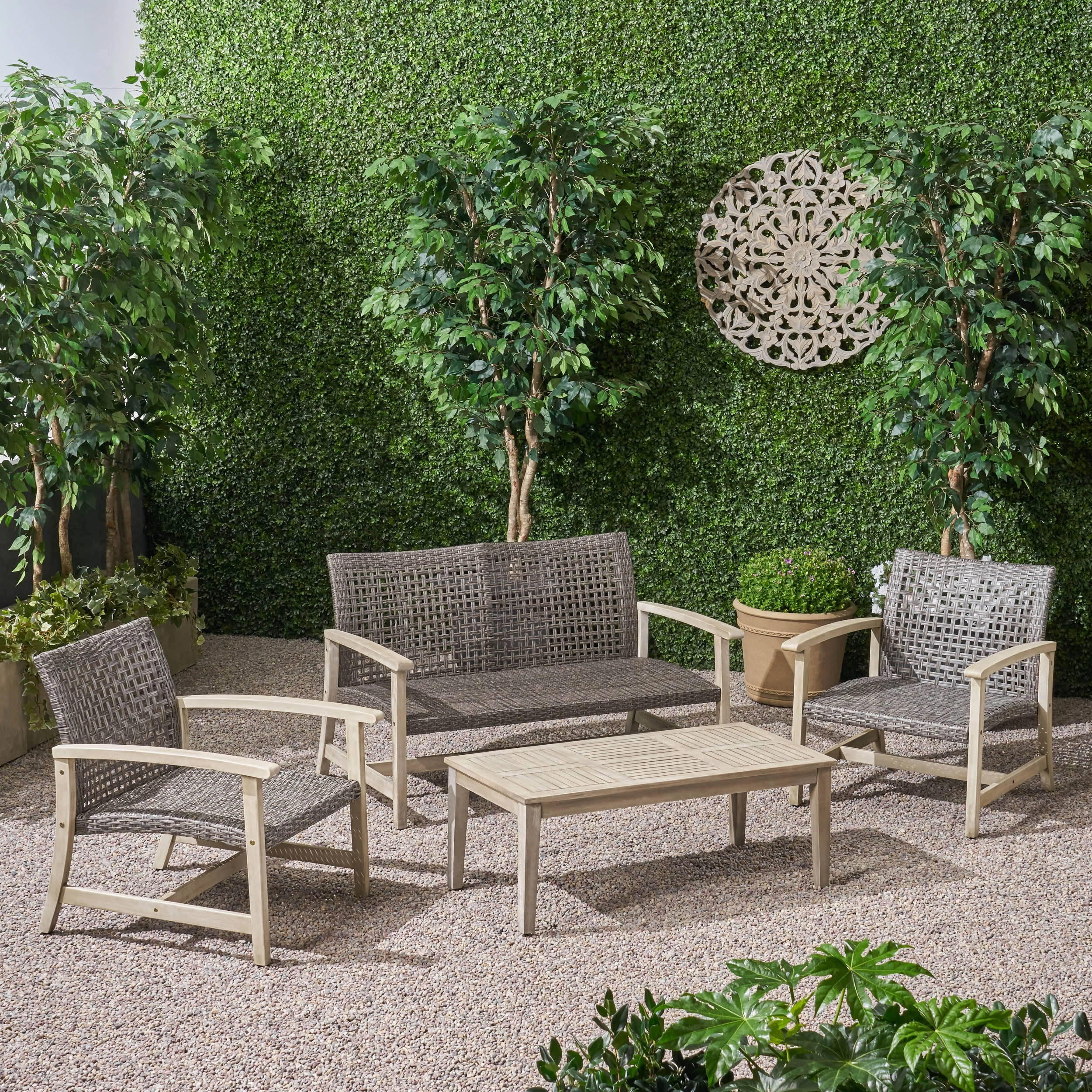 Outdoor 4 Piece Wood and Wicker Chat Set - NH861803