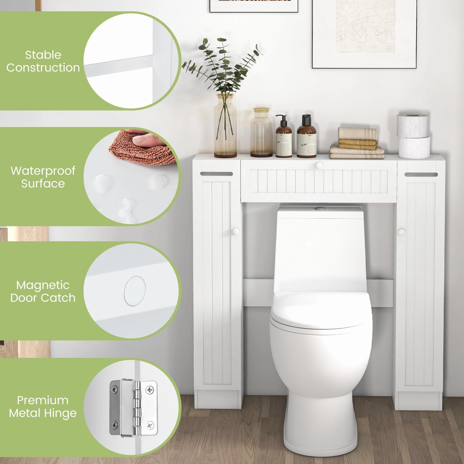 Over-The-Toilet Rack Bathroom Shelf Storage Cabinet Wooden Drop Door Freestanding Spacesaver Improvements, White