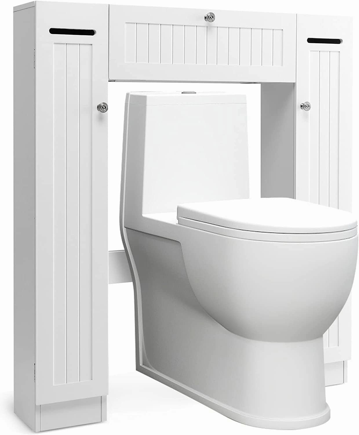 Over-The-Toilet Rack Bathroom Shelf Storage Cabinet Wooden Drop Door Freestanding Spacesaver Improvements, White