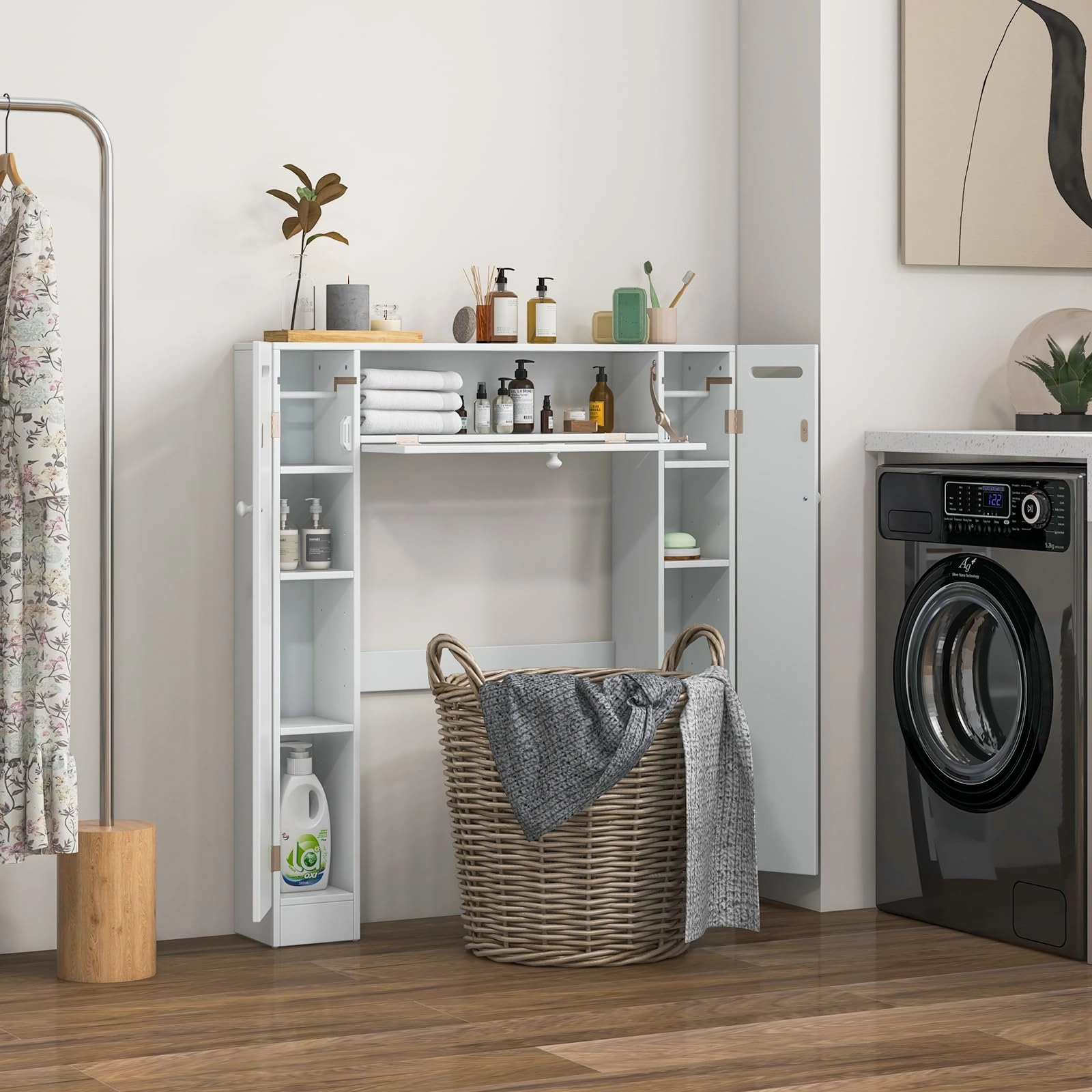 Over-The-Toilet Rack Bathroom Shelf Storage Cabinet Wooden Drop Door Freestanding Spacesaver Improvements, White