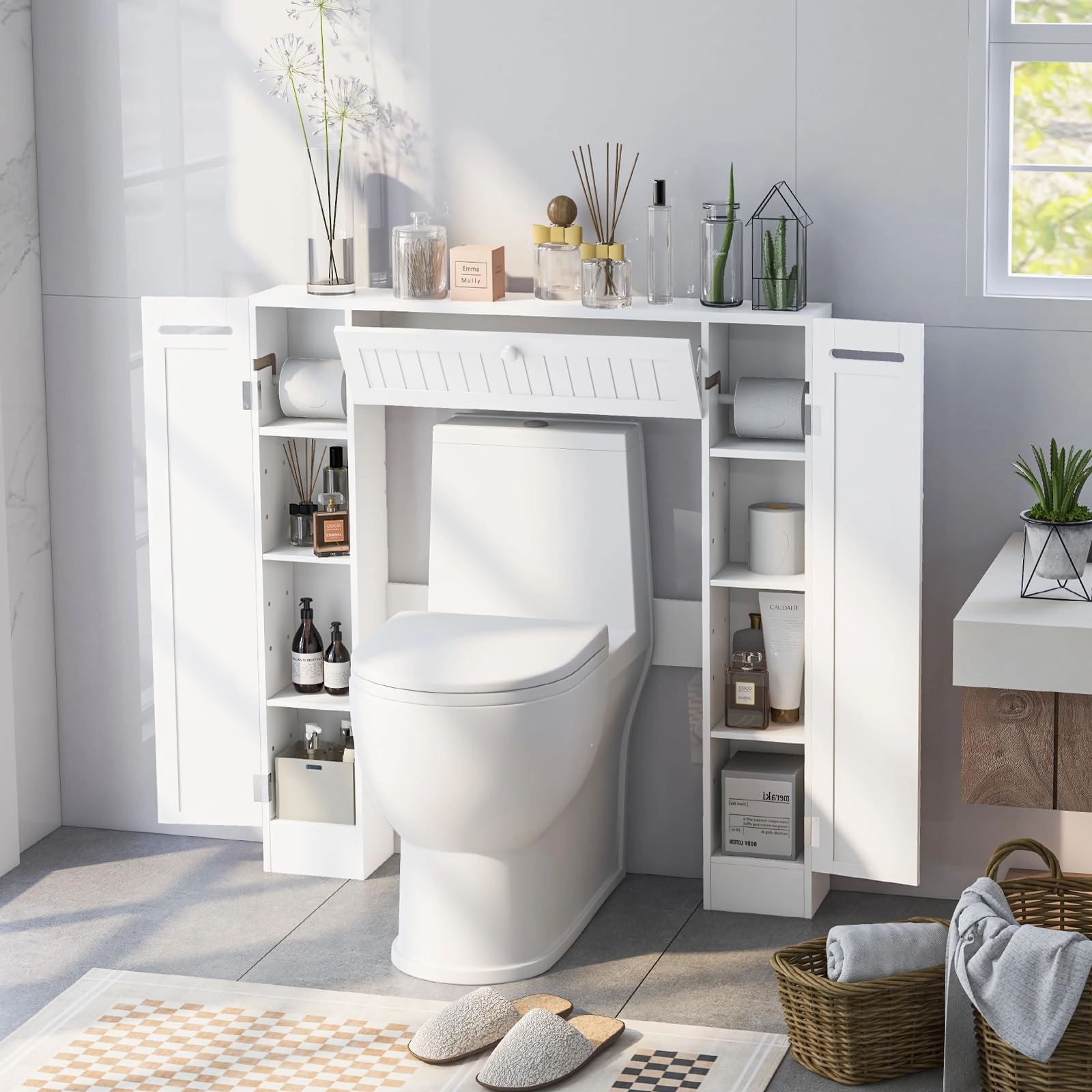 Over-The-Toilet Rack Bathroom Shelf Storage Cabinet Wooden Drop Door Freestanding Spacesaver Improvements, White