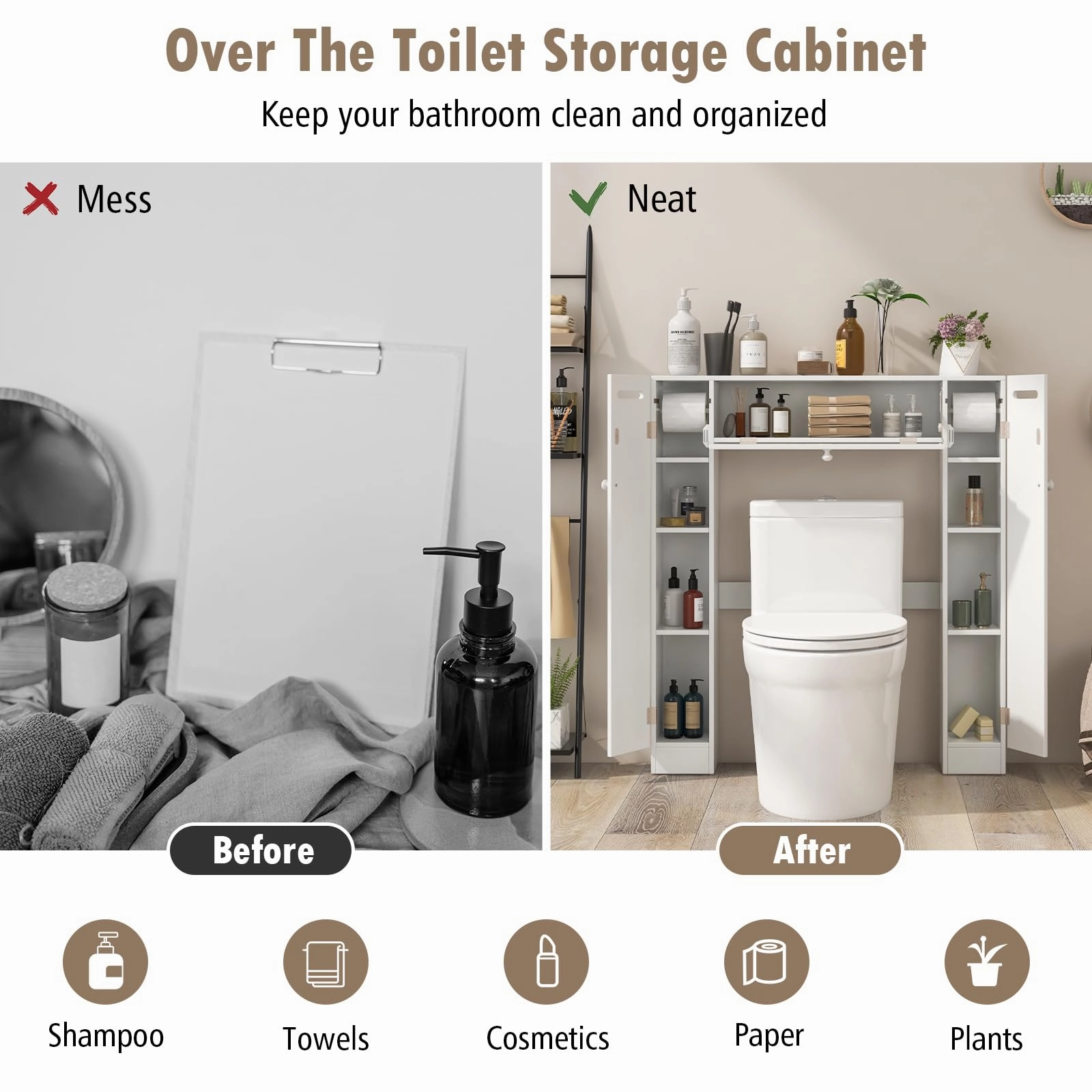 Over-The-Toilet Rack Bathroom Shelf Storage Cabinet Wooden Drop Door Freestanding Spacesaver Improvements, White
