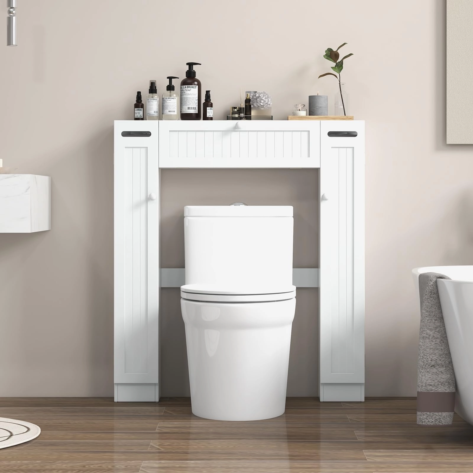 Over-The-Toilet Rack Bathroom Shelf Storage Cabinet Wooden Drop Door Freestanding Spacesaver Improvements, White