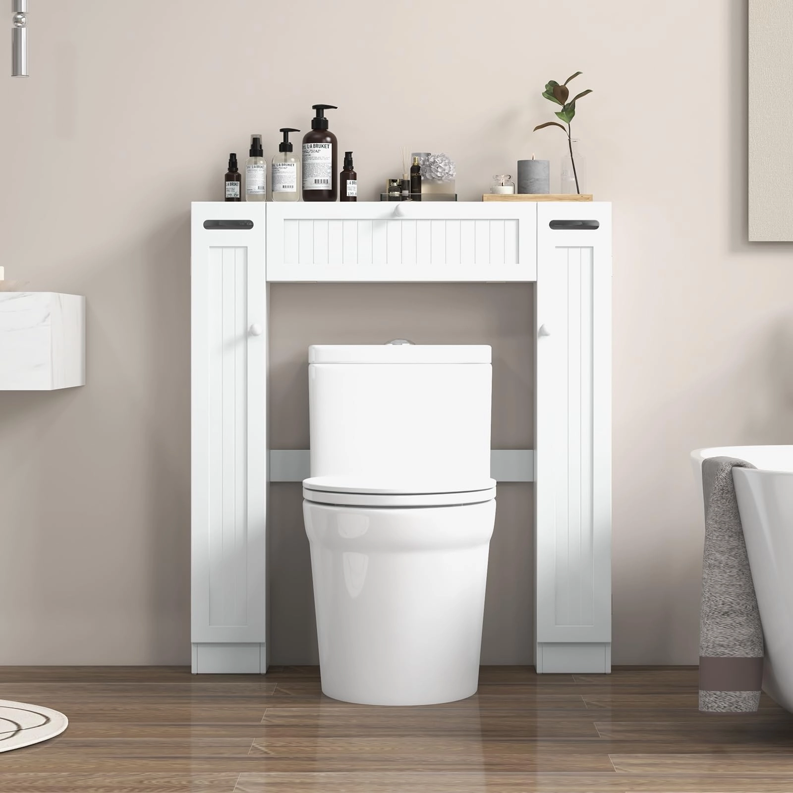 Over-The-Toilet Rack Bathroom Shelf Storage Cabinet Wooden Drop Door Freestanding Spacesaver Improvements, White