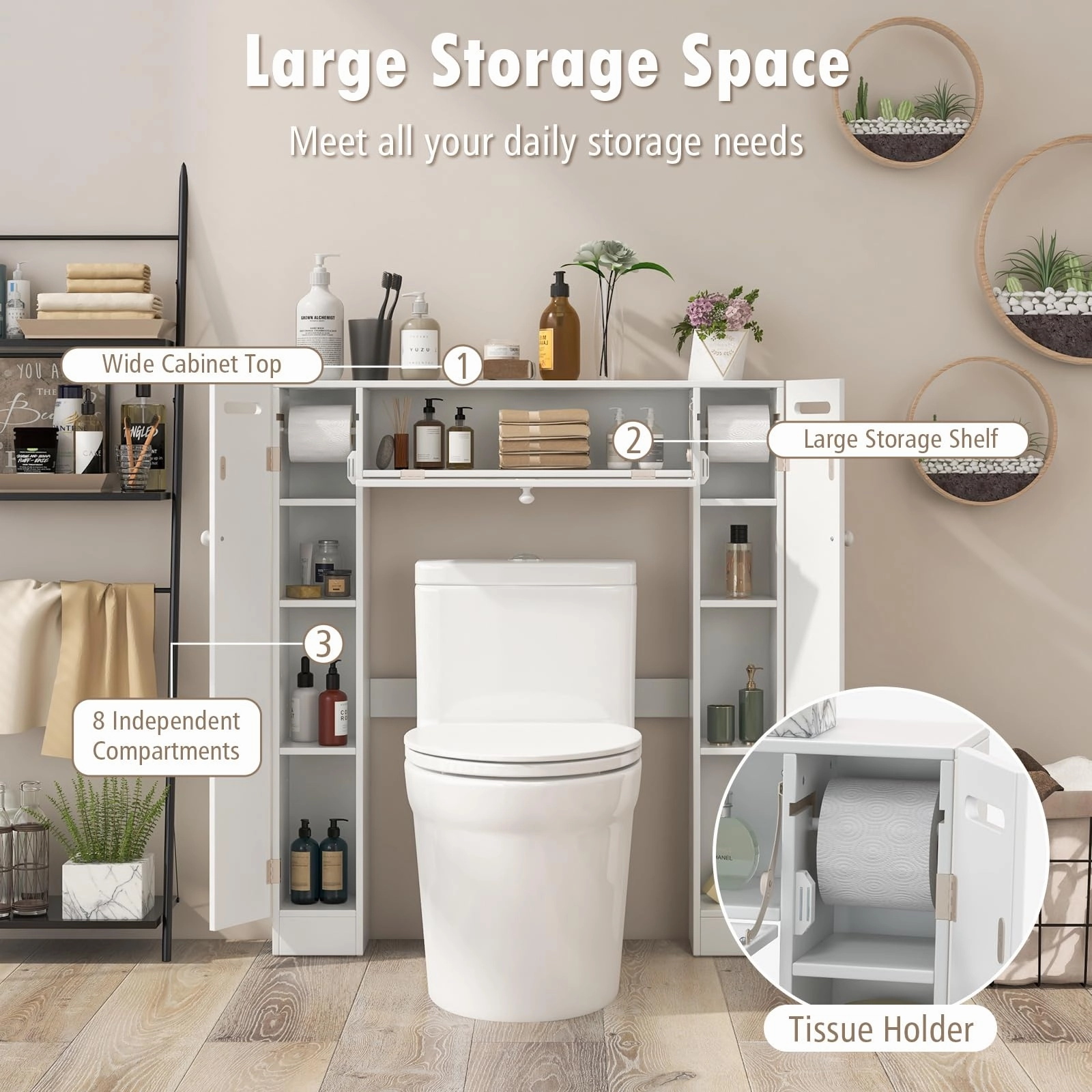Over-The-Toilet Rack Bathroom Shelf Storage Cabinet Wooden Drop Door Freestanding Spacesaver Improvements, White