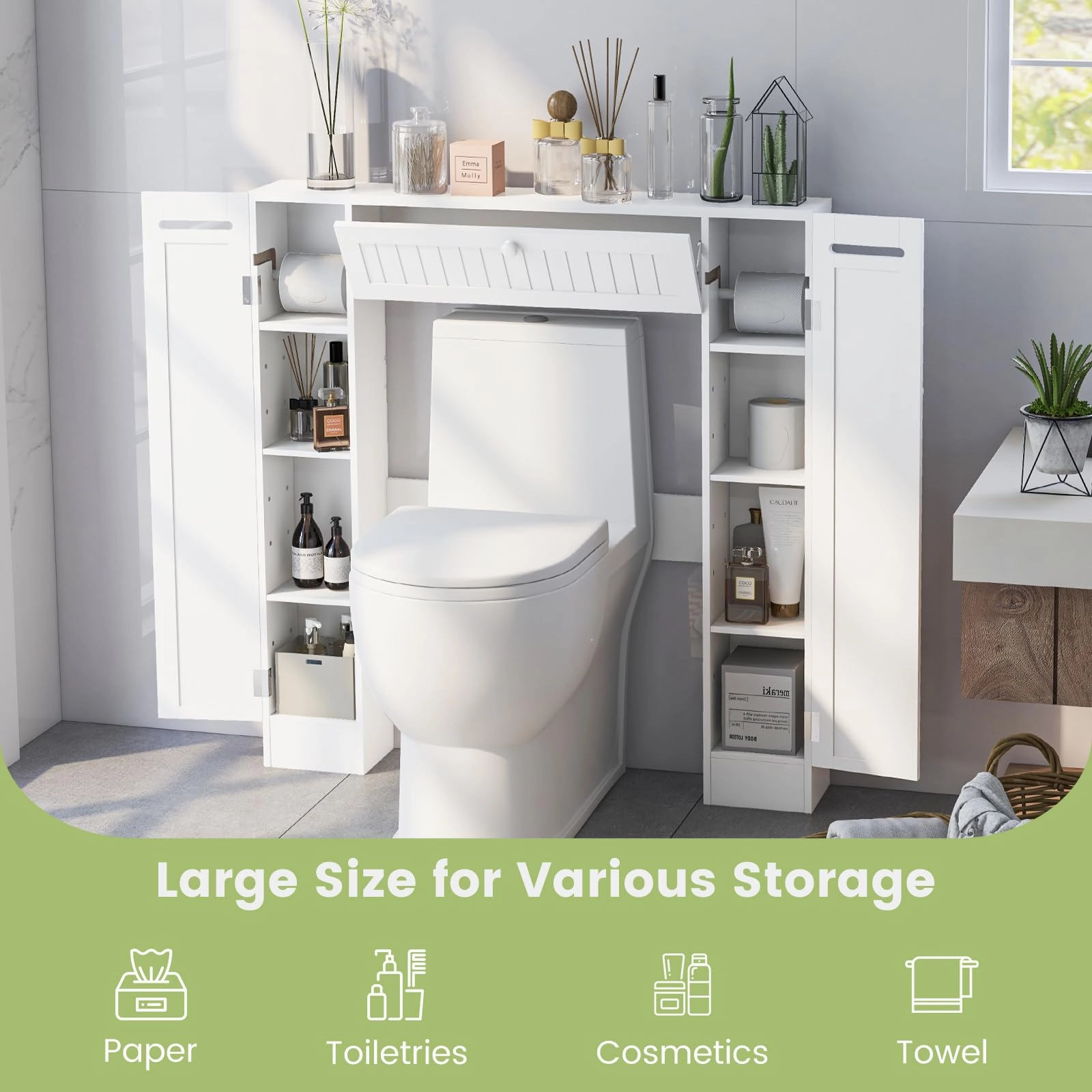 Over-The-Toilet Rack Bathroom Shelf Storage Cabinet Wooden Drop Door Freestanding Spacesaver Improvements, White