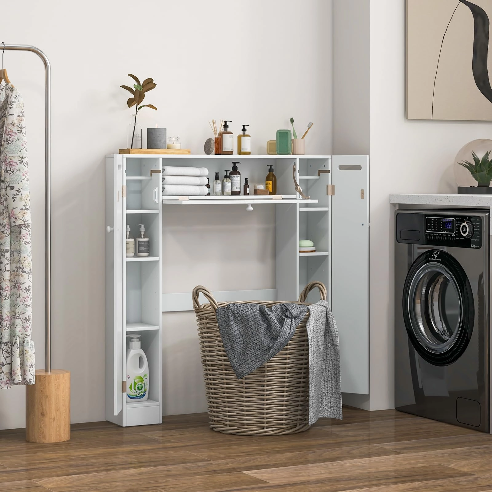 Over-The-Toilet Rack Bathroom Shelf Storage Cabinet Wooden Drop Door Freestanding Spacesaver Improvements, White
