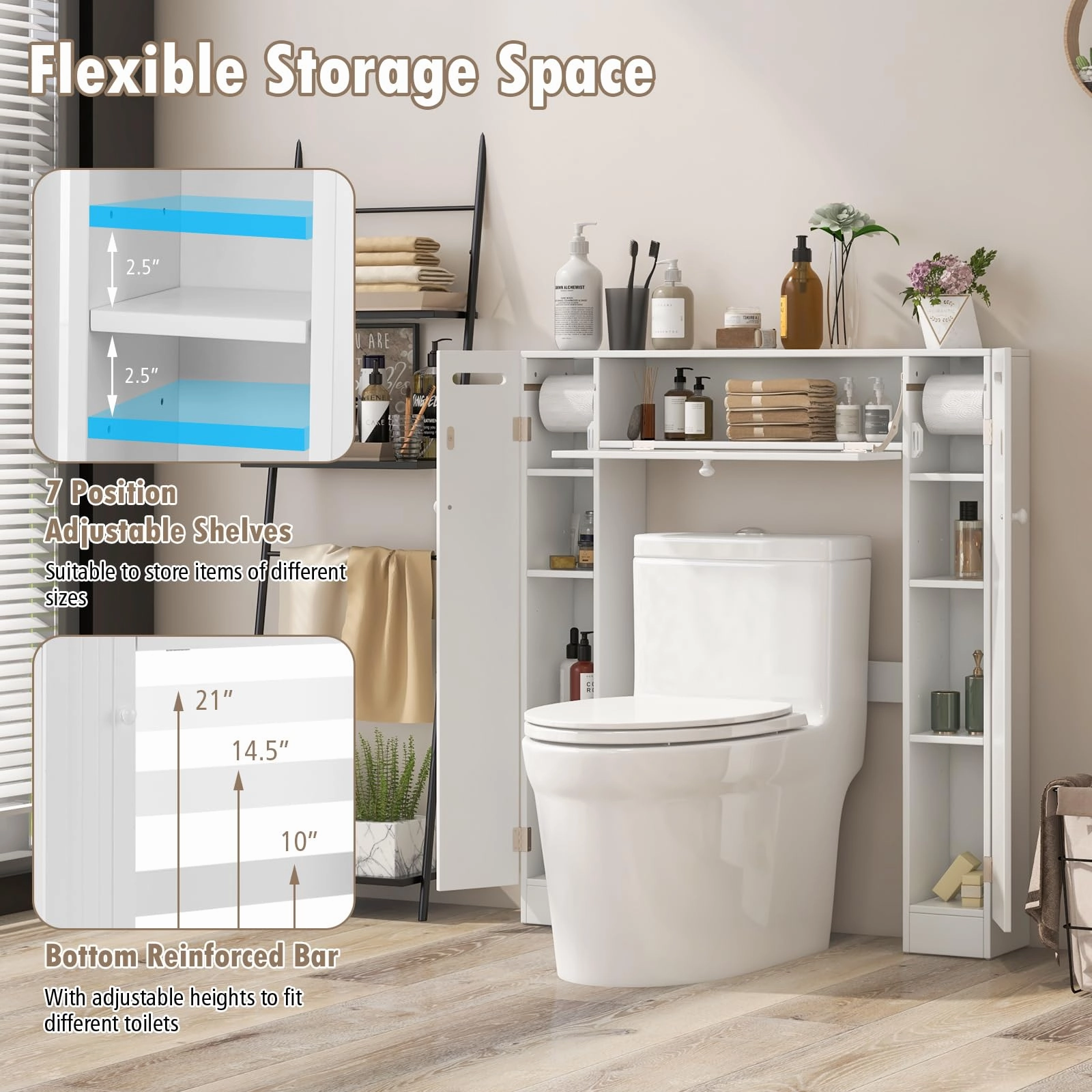 Over-The-Toilet Rack Bathroom Shelf Storage Cabinet Wooden Drop Door Freestanding Spacesaver Improvements, White