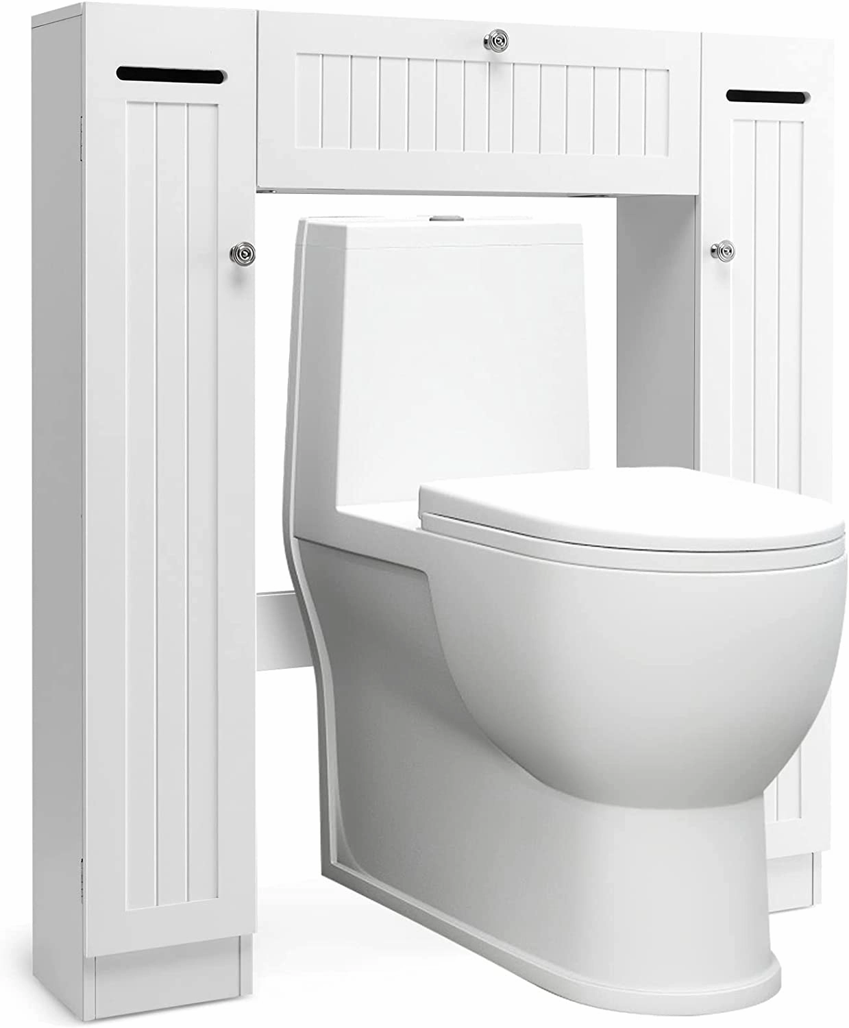 Over-The-Toilet Rack Bathroom Shelf Storage Cabinet Wooden Drop Door Freestanding Spacesaver Improvements, White