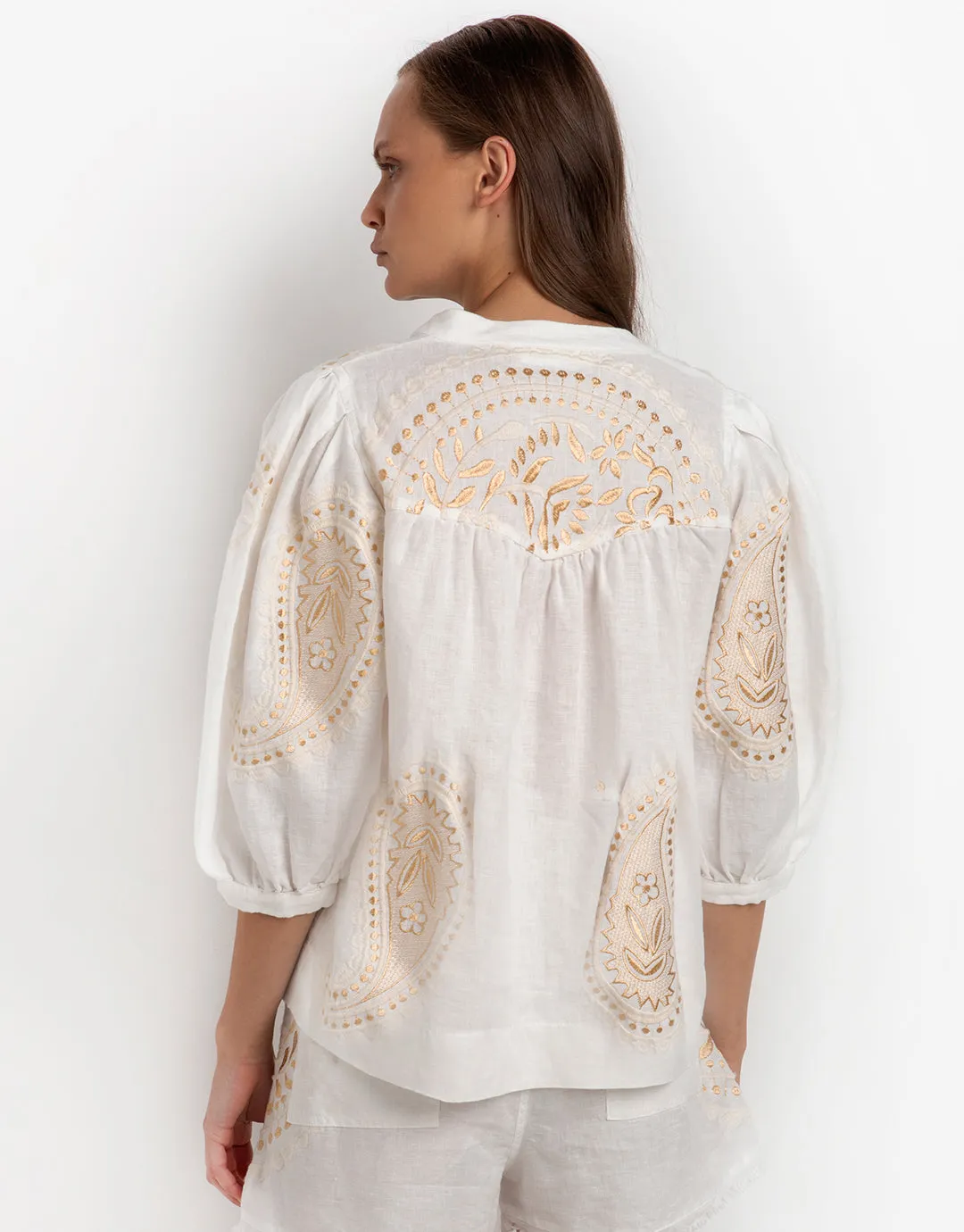 Paisley Long Sleeve Blouse - White and Gold