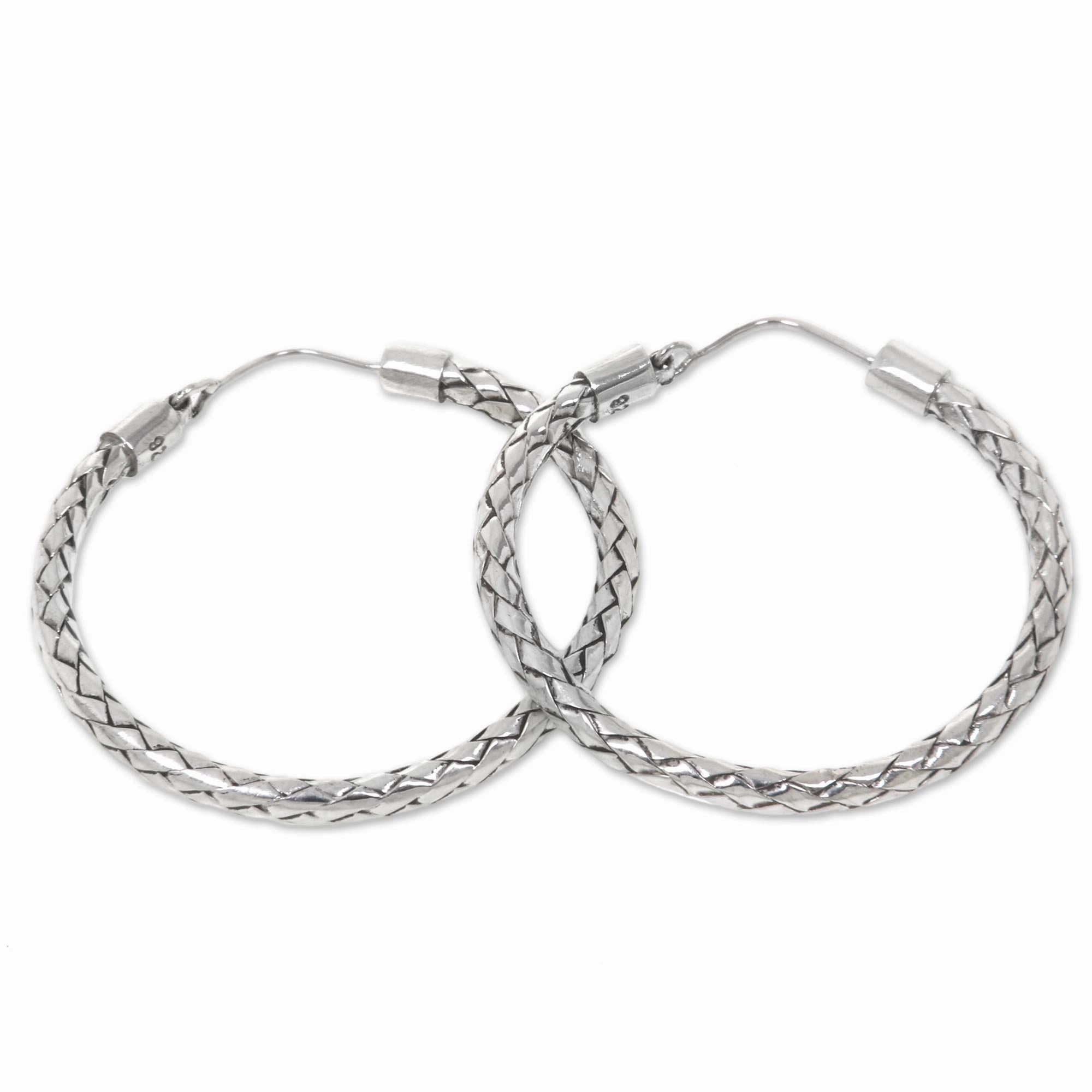 Pandan Weaving Hoop Earrings of Handwoven Sterling Silver Ribbons