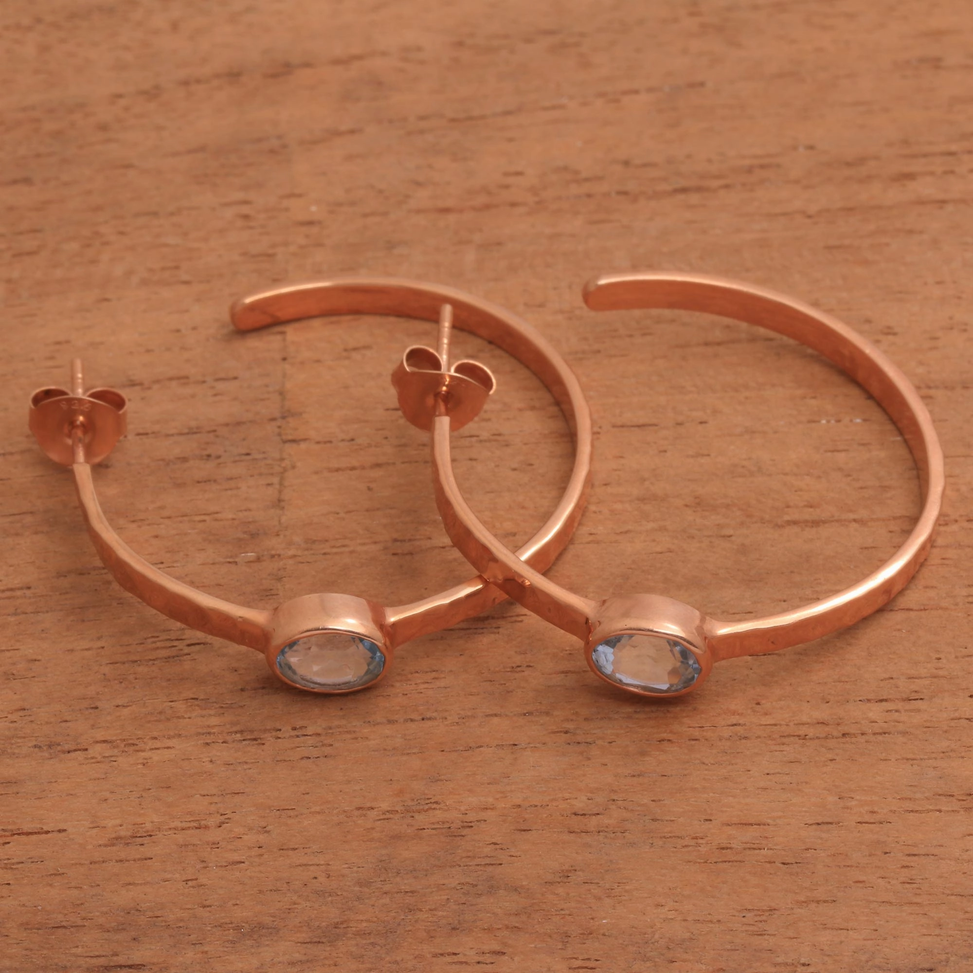 Paradox Rose Gold Plated Blue Topaz Hammered Half Hoop Earrings