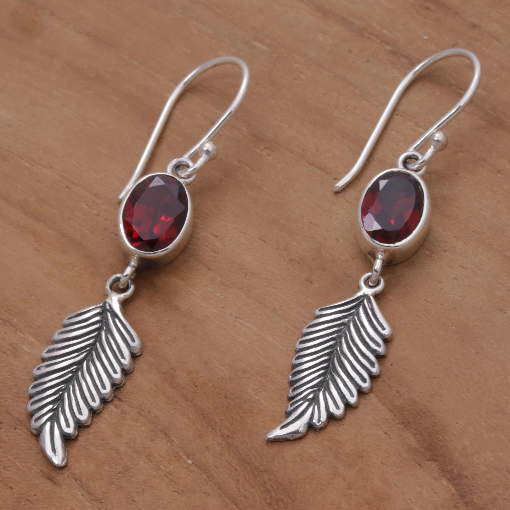 Passionate Hope Balinese 925 Sterling Silver Feather Earrings with Garnet
