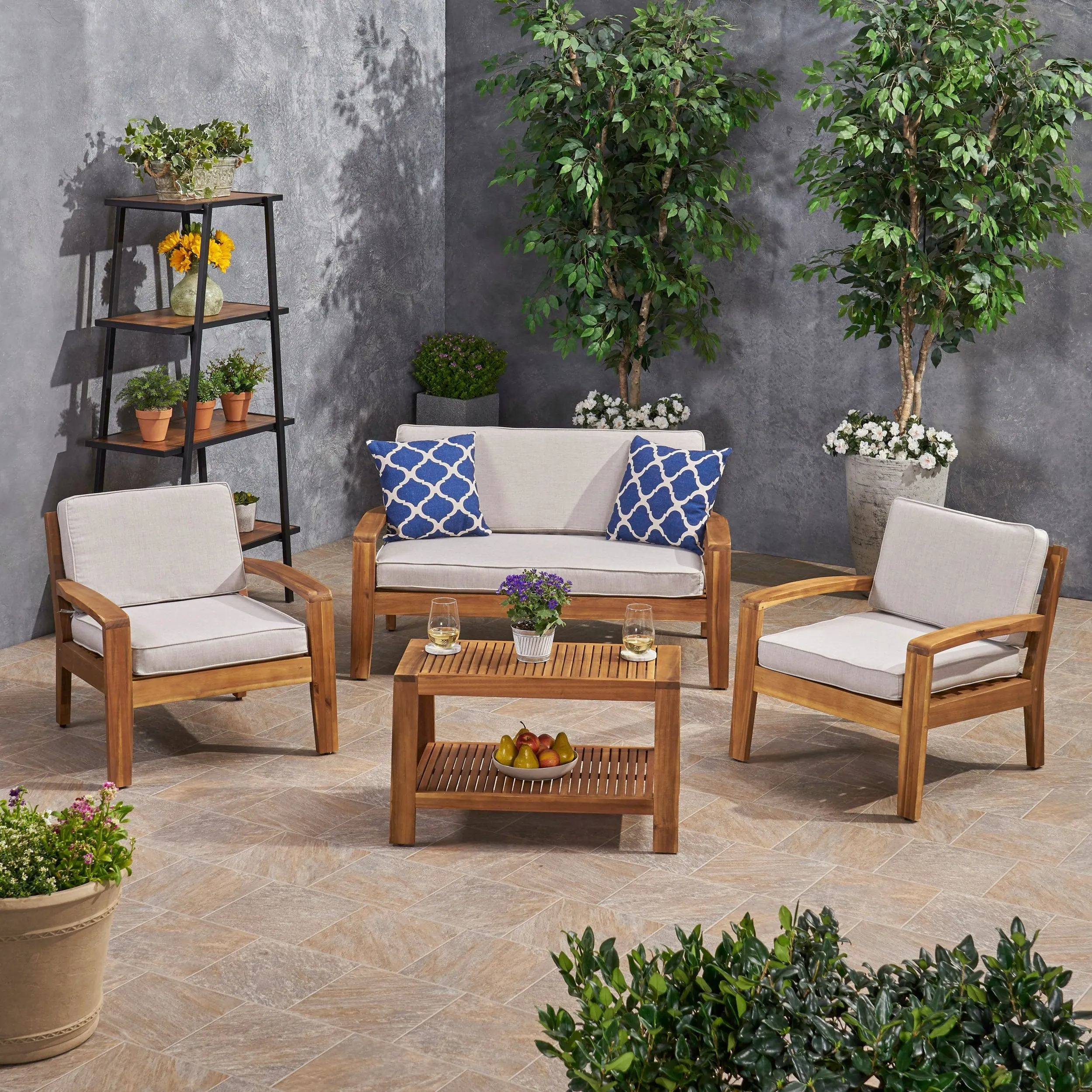 Patio Acacia Wood 4-Seater Conversation Set with Coffee Table and Sunbrella Cushions - NH562703 patio chairs, outdoor seating