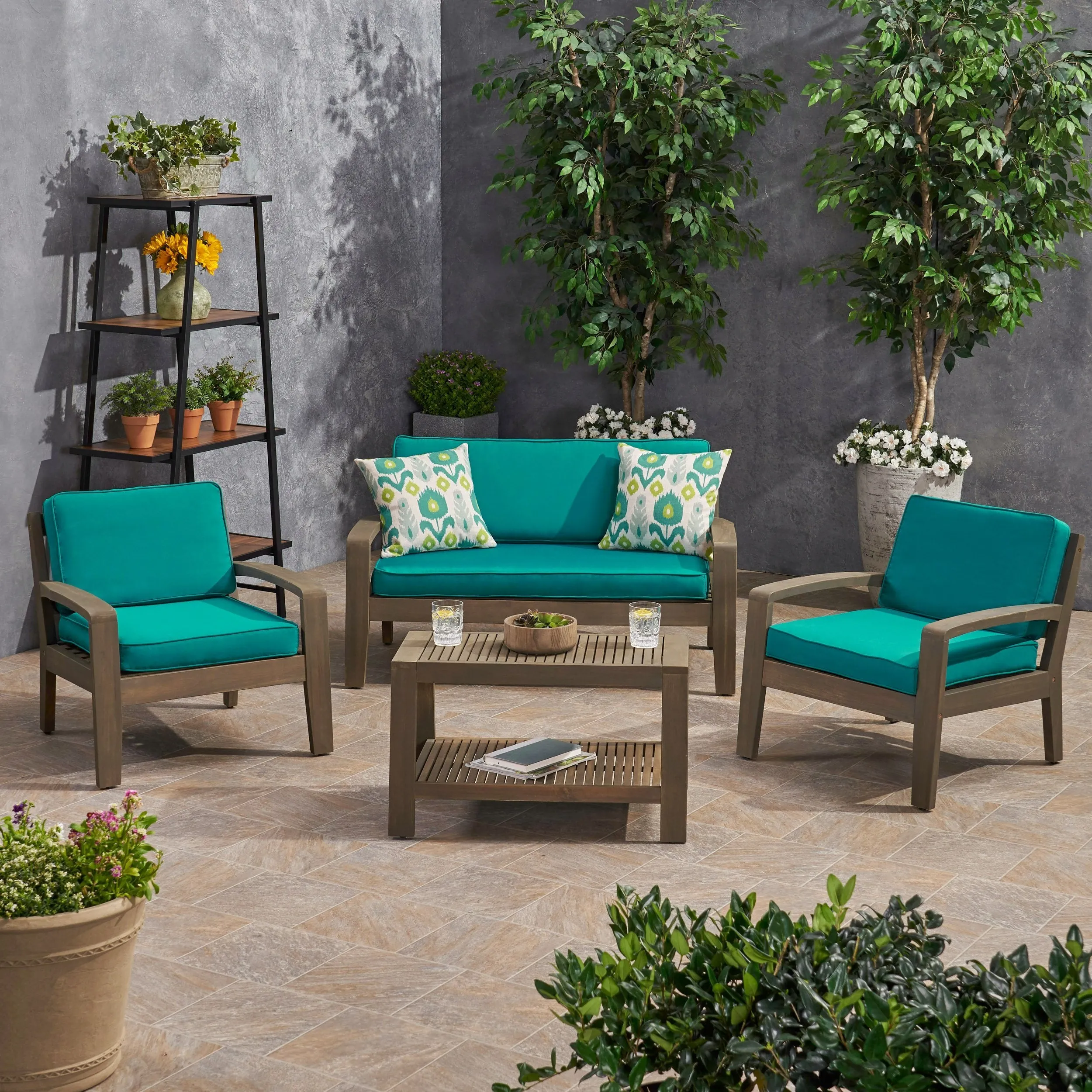Patio Acacia Wood 4-Seater Conversation Set with Coffee Table and Sunbrella Cushions - NH562703