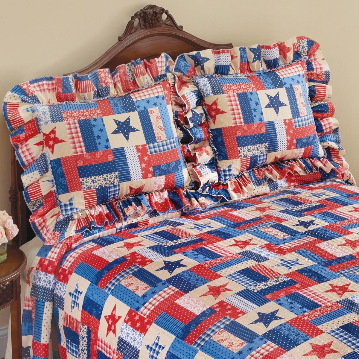 Patriotic Stars and Stripes Americana Plisse Pillow Sham - Set of 2