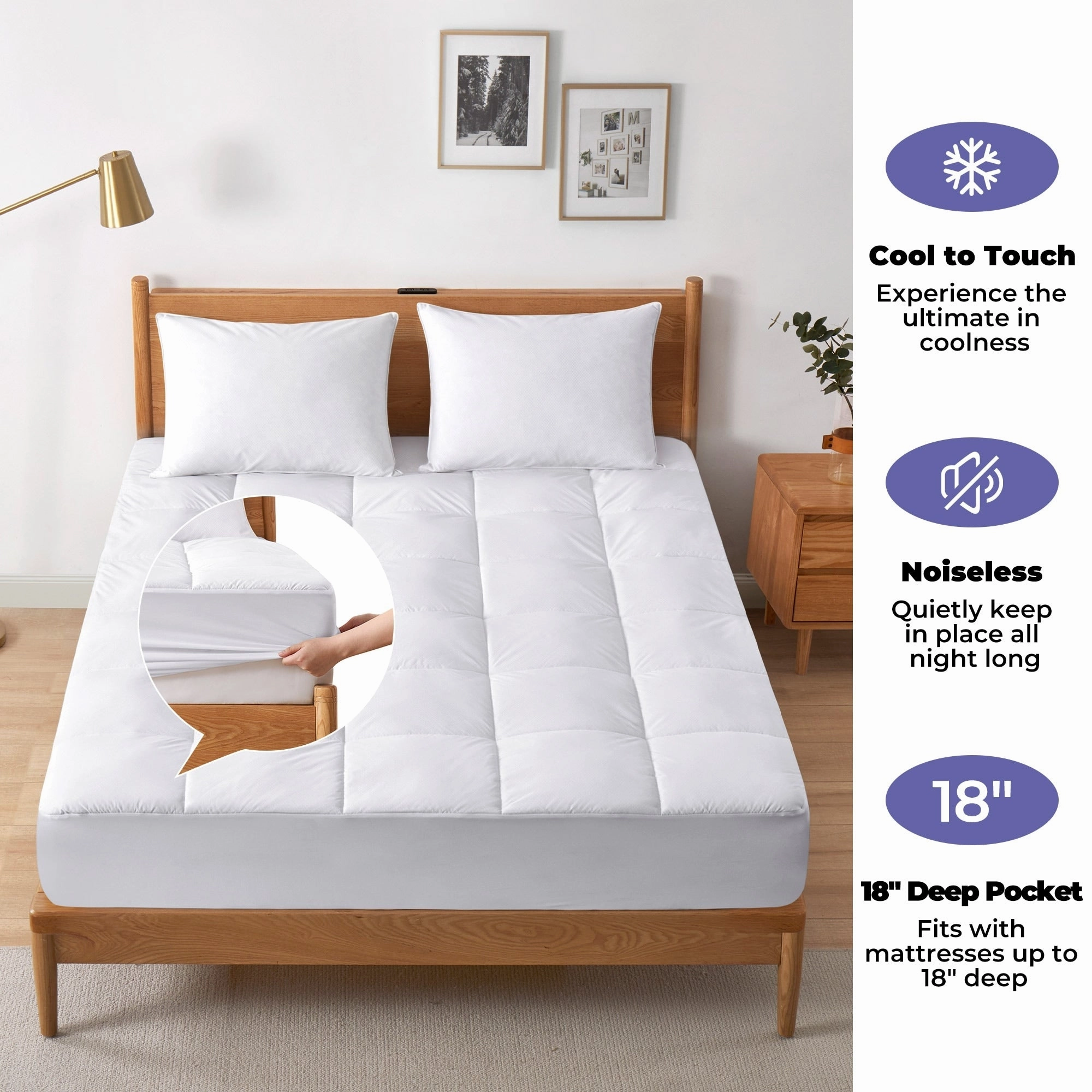 PCM Cool Touch Cooling White Mattress Pad & Protector with Elastic Deep Pocket