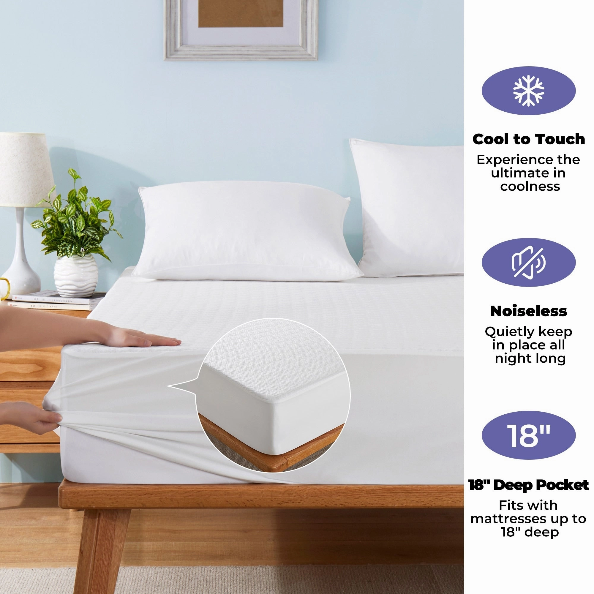 PCM Cool Touch Cooling White Mattress Pad & Protector with Elastic Deep Pocket