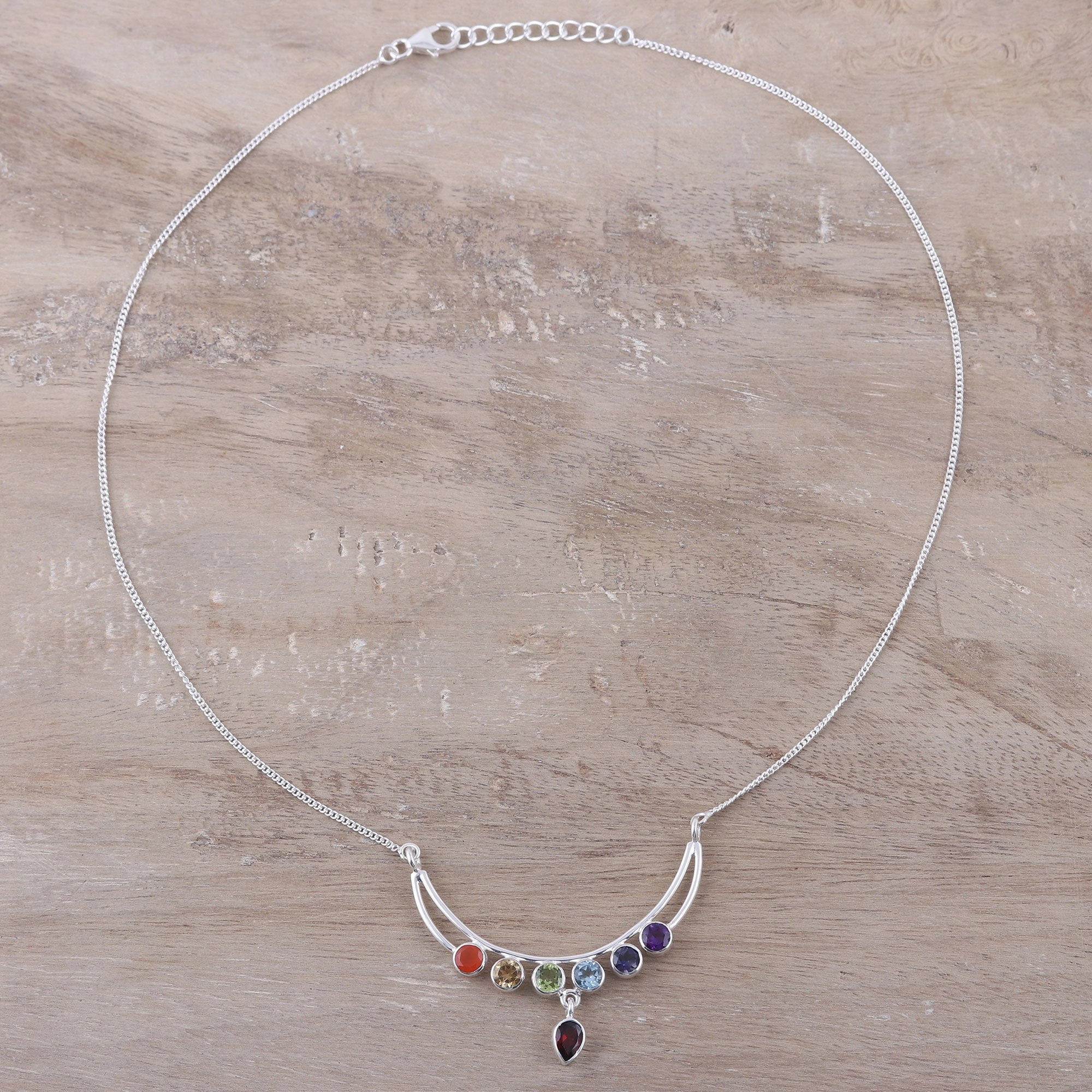 Peaceful Crescent Handmade Sterling Silver and Multi-Gemstone Chakra Necklace