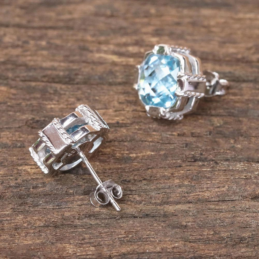 Peaceful Paradise Blue Topaz & Silver Button Earrings