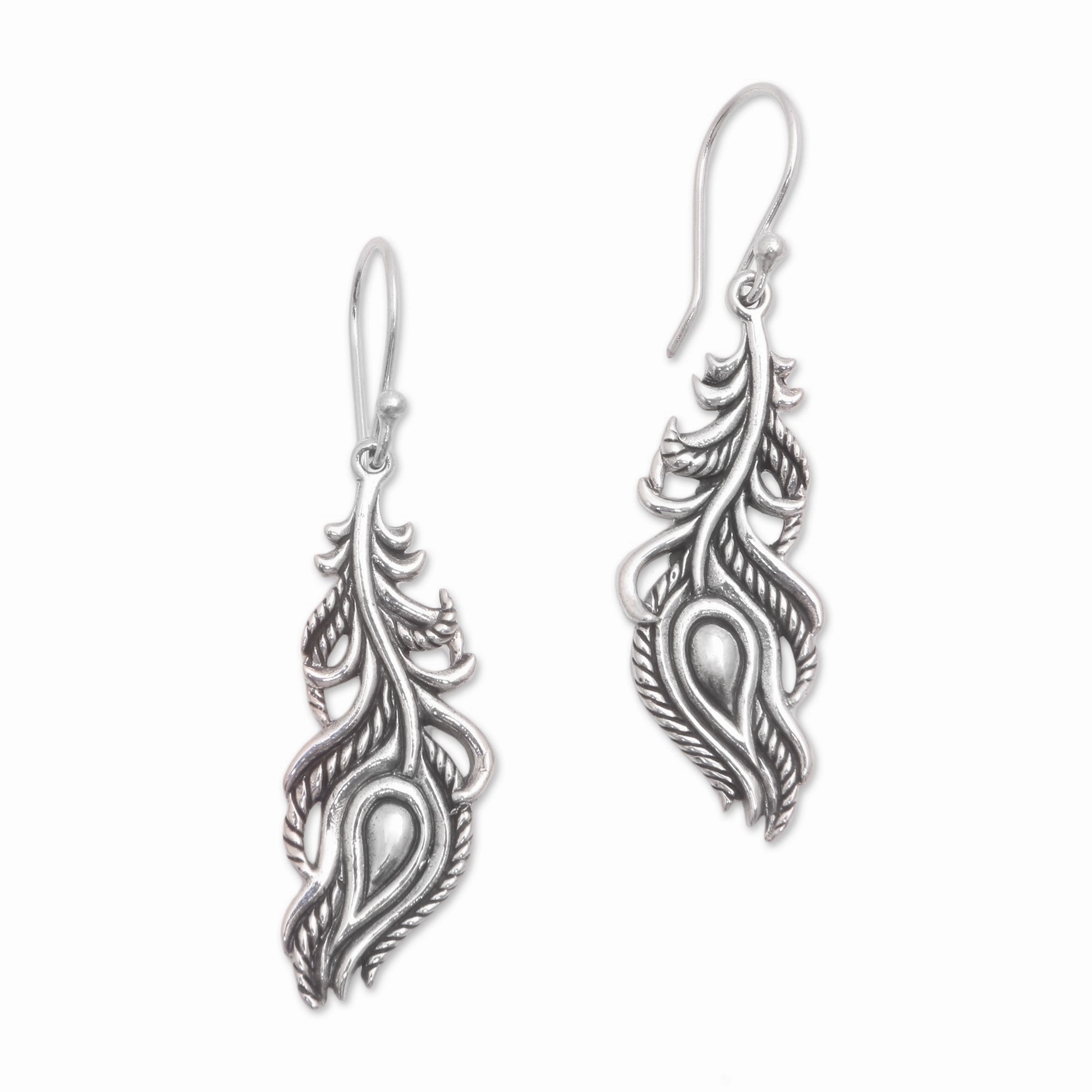 Peacock Luck Sterling Silver Peacock Feather Dangle Earrings from Bali