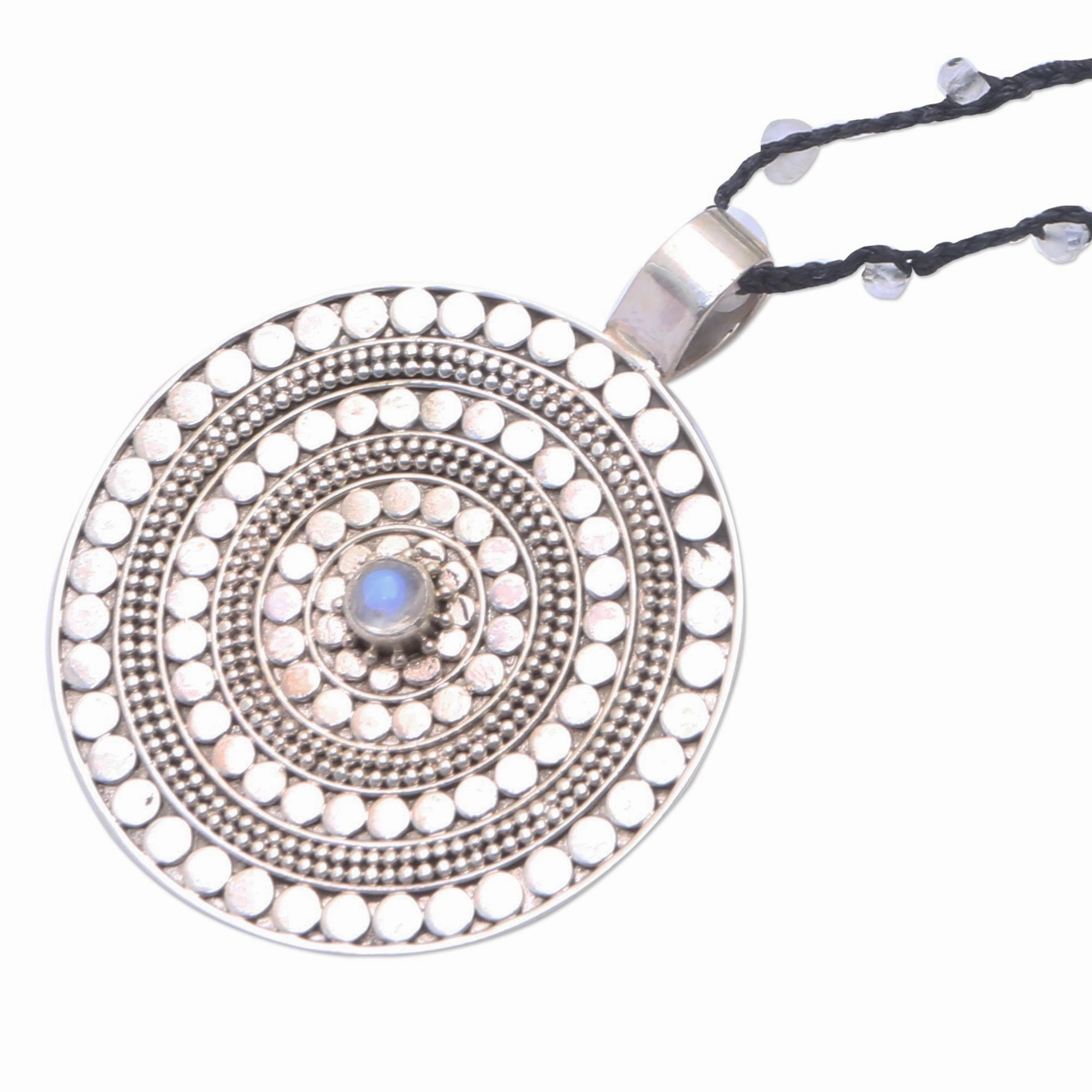 Pebble Shield Rainbow Moonstone Beaded Pendant Necklace from Bali