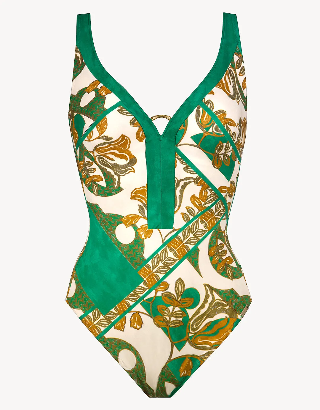 Perceptions Underwired Plunge Swimsuit - Cream and Green