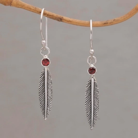 Phoenix Feathers Garnet Feather-Shaped Dangle Earrings from Bali