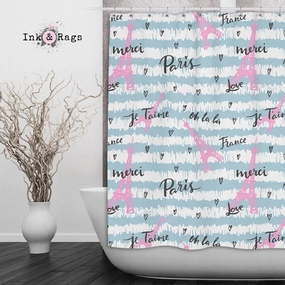 Pink and Blue Paris Eiffel Tower Shower Curtains and Optional Bath Mats Lighting,Lamps Fixtures