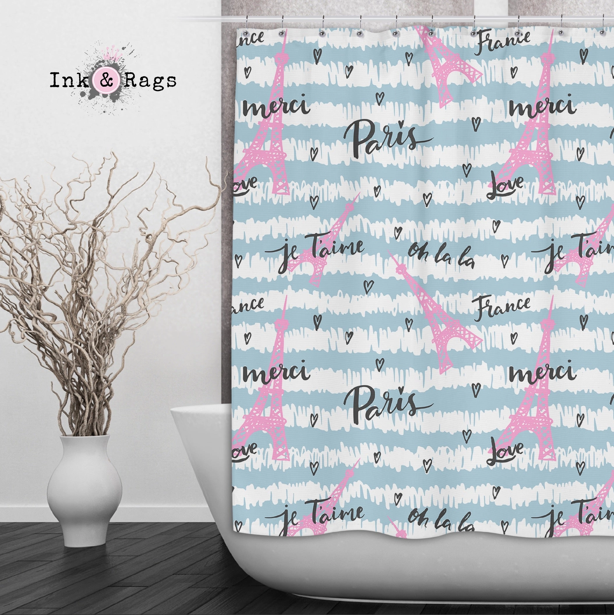 Pink and Blue Paris Eiffel Tower Shower Curtains and Optional Bath Mats Lighting,Lamps Fixtures