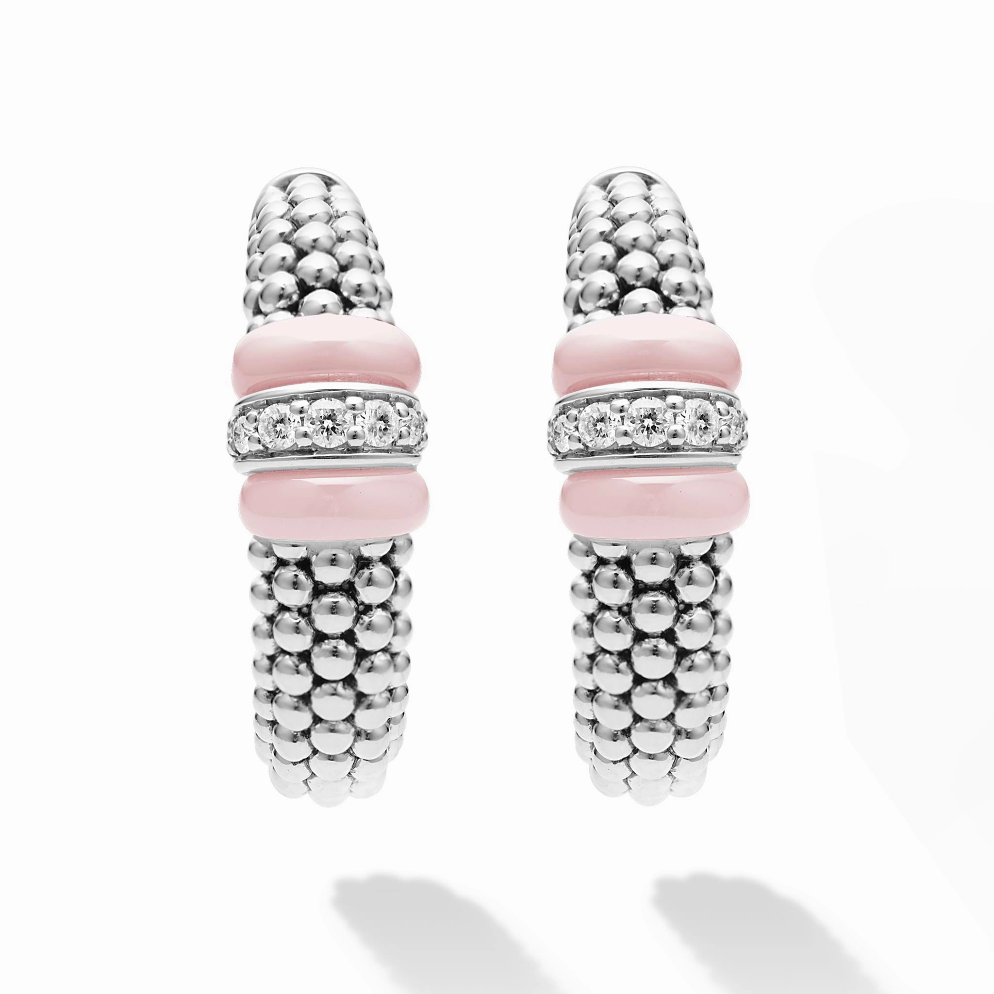 Pink Caviar Pink Ceramic Caviar Diamond Hoop Earrings