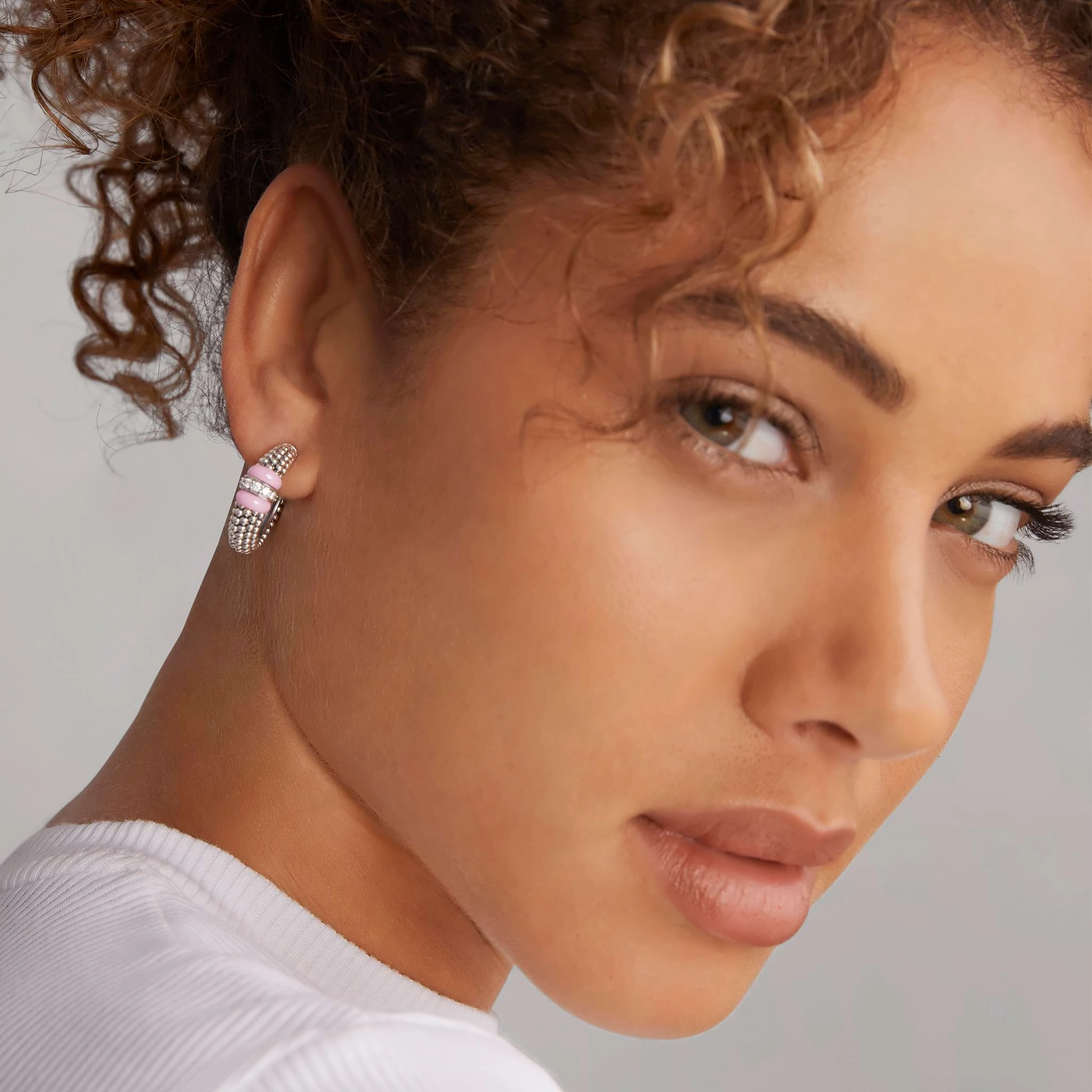 Pink Caviar Pink Ceramic Caviar Diamond Hoop Earrings