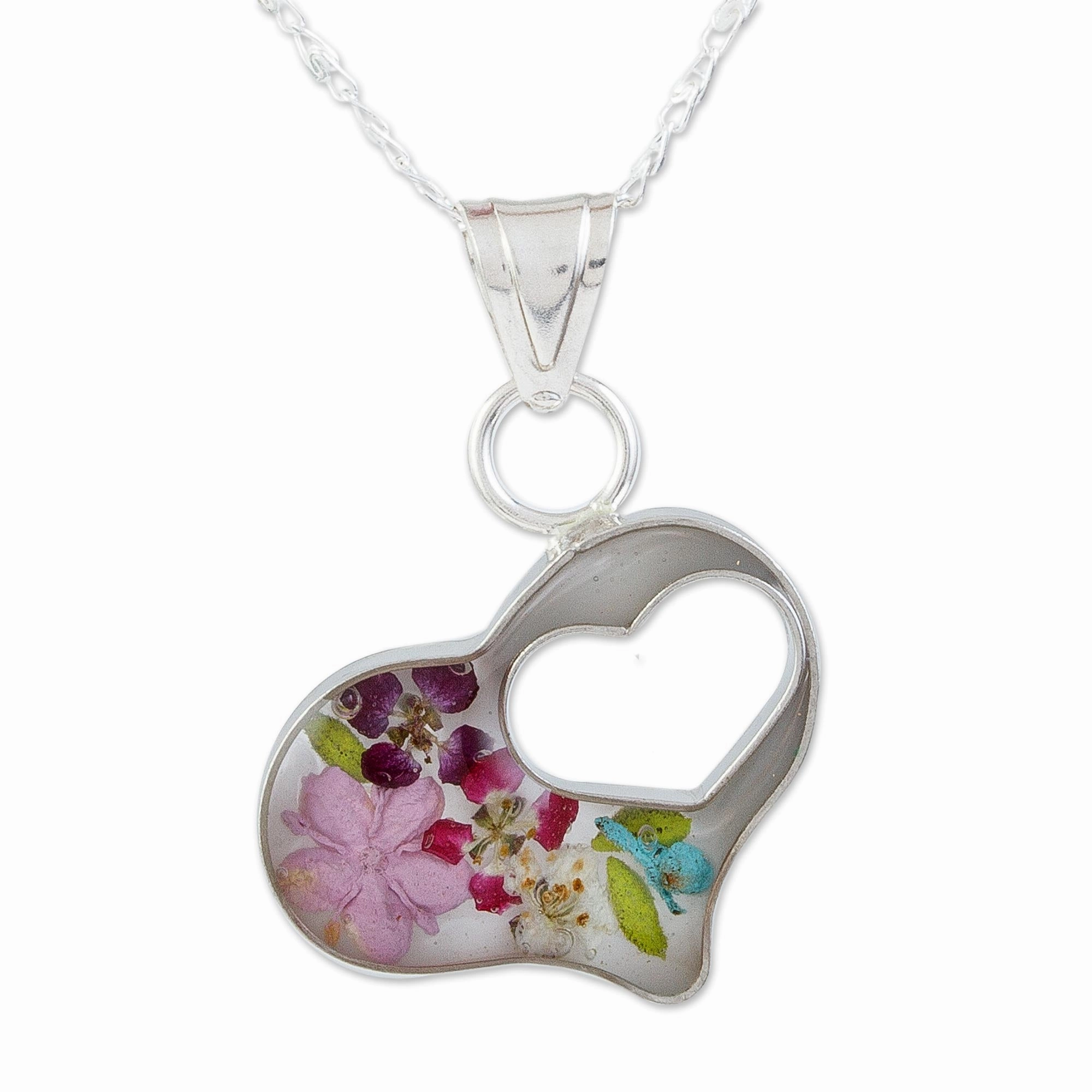 Pink Flowered Heart Clear Resin Double Heart Sterling Silver Pendant Necklace