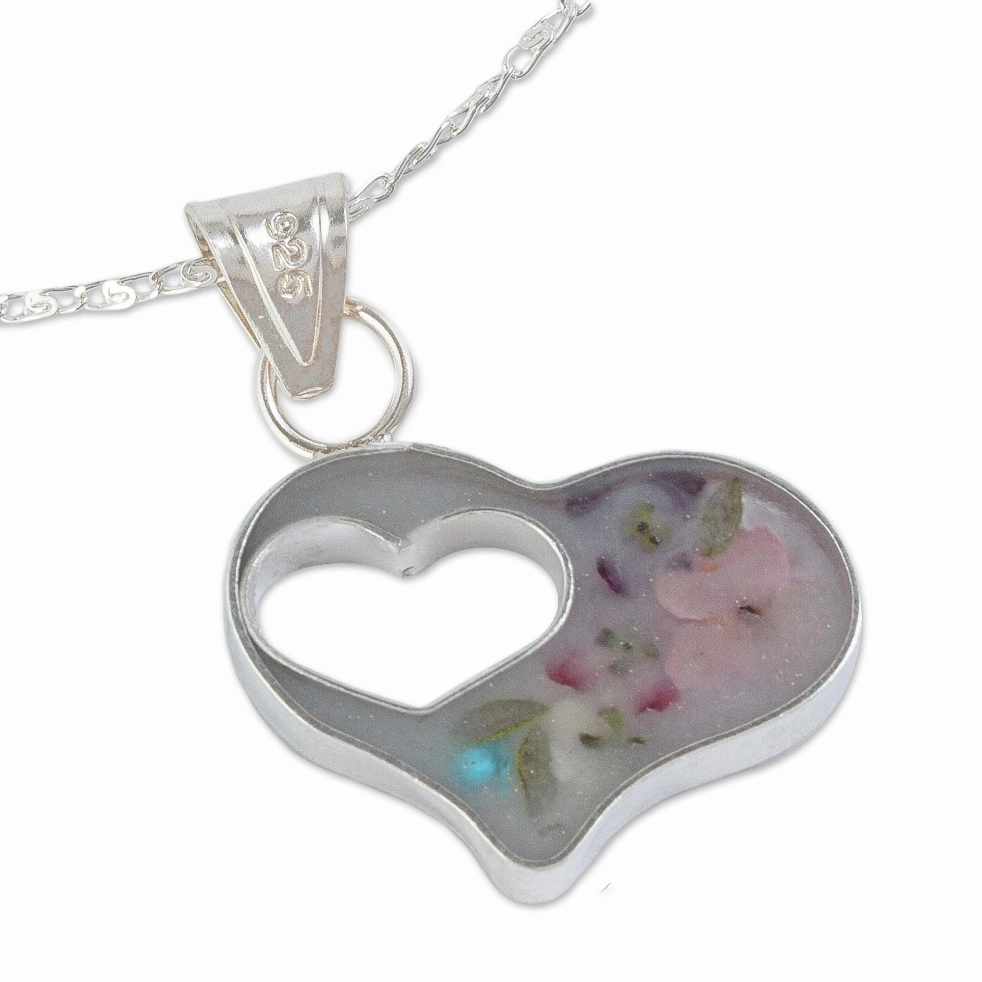 Pink Flowered Heart Clear Resin Double Heart Sterling Silver Pendant Necklace