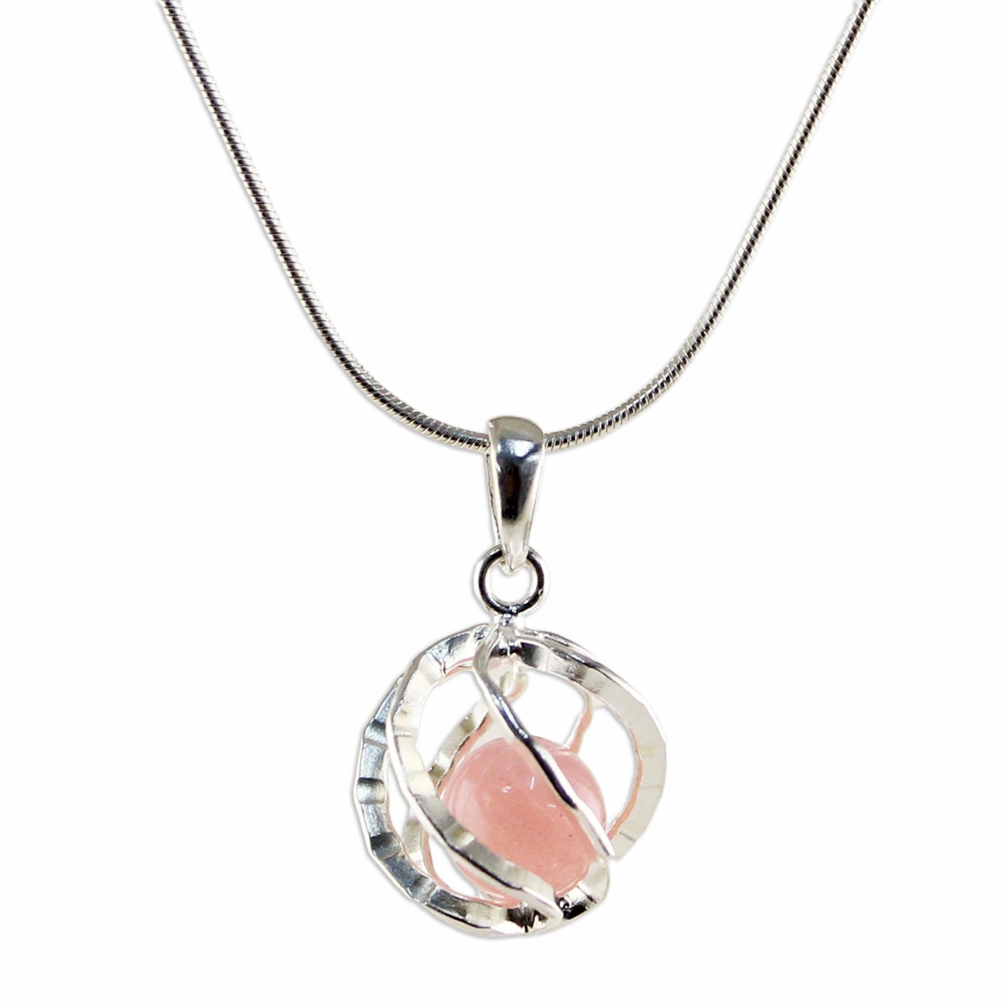 Pink Orb of Energy Quartz Silver Necklace