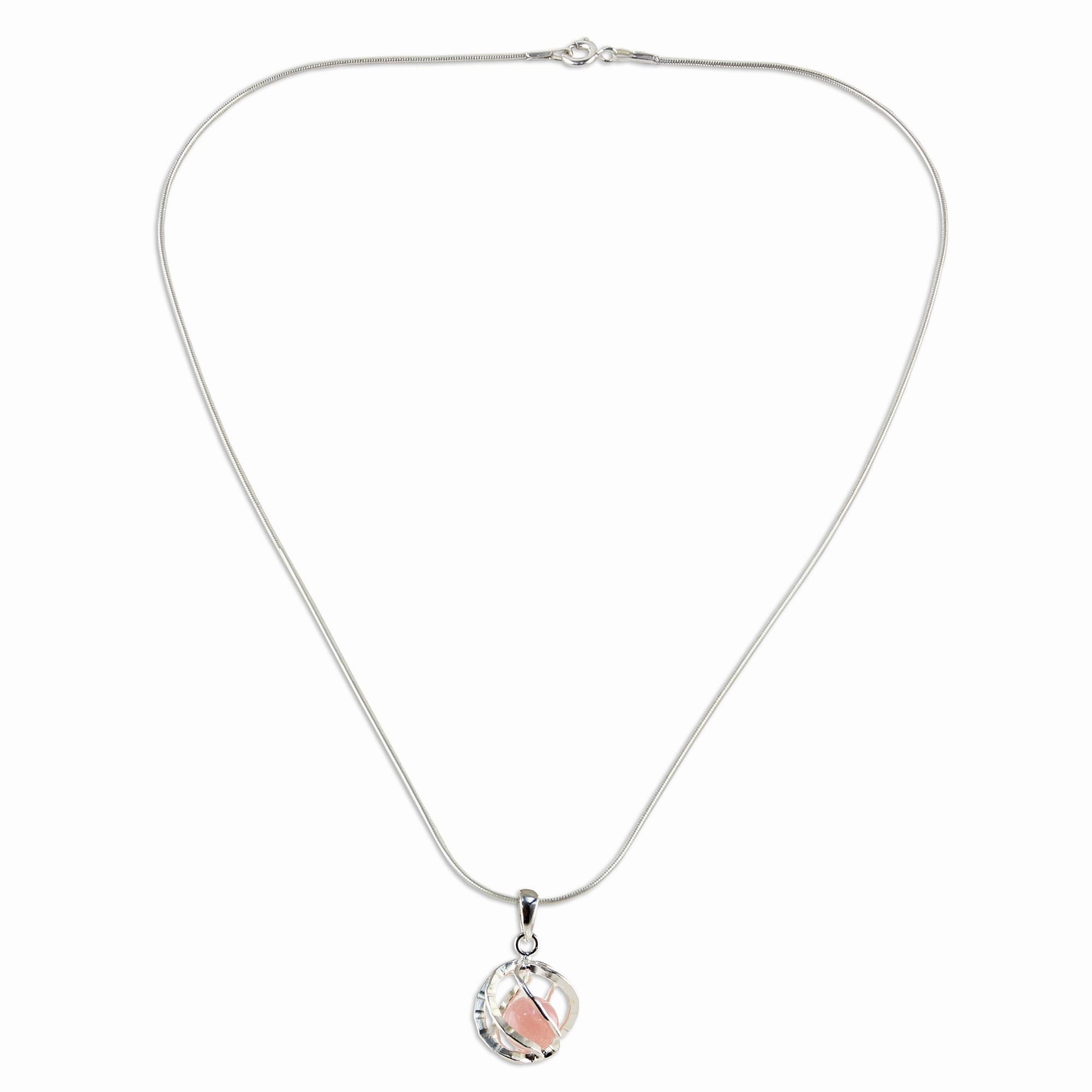 Pink Orb of Energy Quartz Silver Necklace