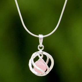 Pink Orb of Energy Quartz Silver Necklace
