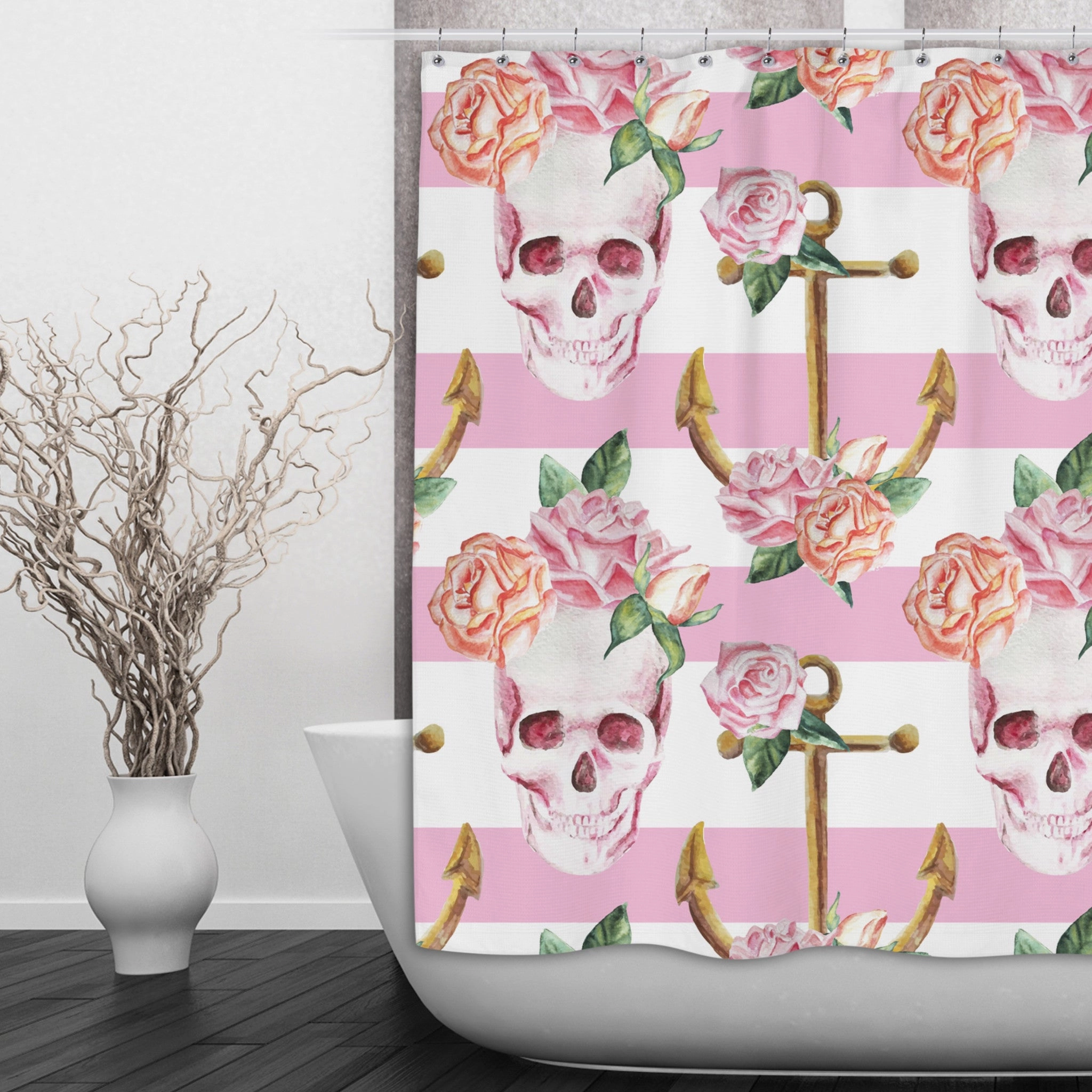 Pink Skull and Anchor Shower Curtains and Optional Bath Mats Lighting,Lamps Fixtures