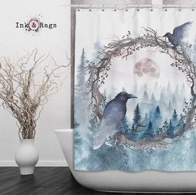 Poe Inspired Watercolor Forest Moon Raven Shower Curtains and Optional Bath Mats Lighting,Lamps Fixtures