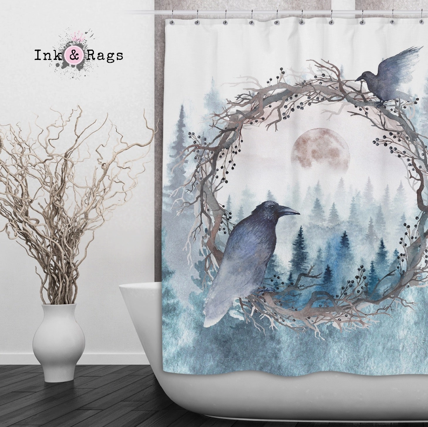 Poe Inspired Watercolor Forest Moon Raven Shower Curtains and Optional Bath Mats Lighting,Lamps Fixtures
