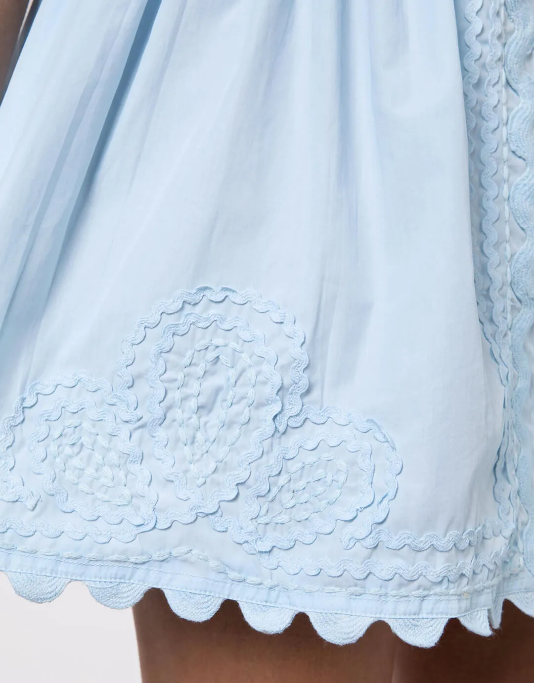 Poplin Blouson Dress with Ric-Rac Embroidery - Pale Blue