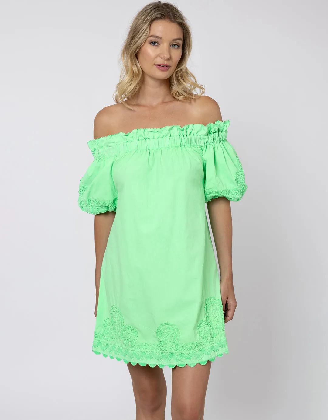 Poplin Off Shoulder Mini Dress with Ric-Rac - Apple