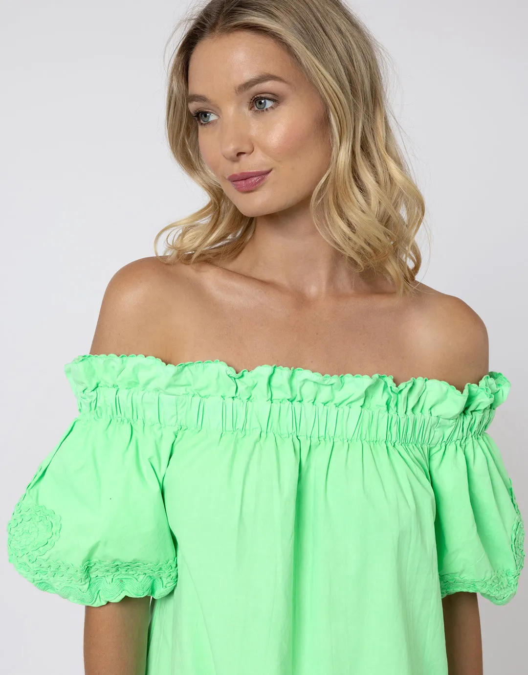 Poplin Off Shoulder Mini Dress with Ric-Rac - Apple